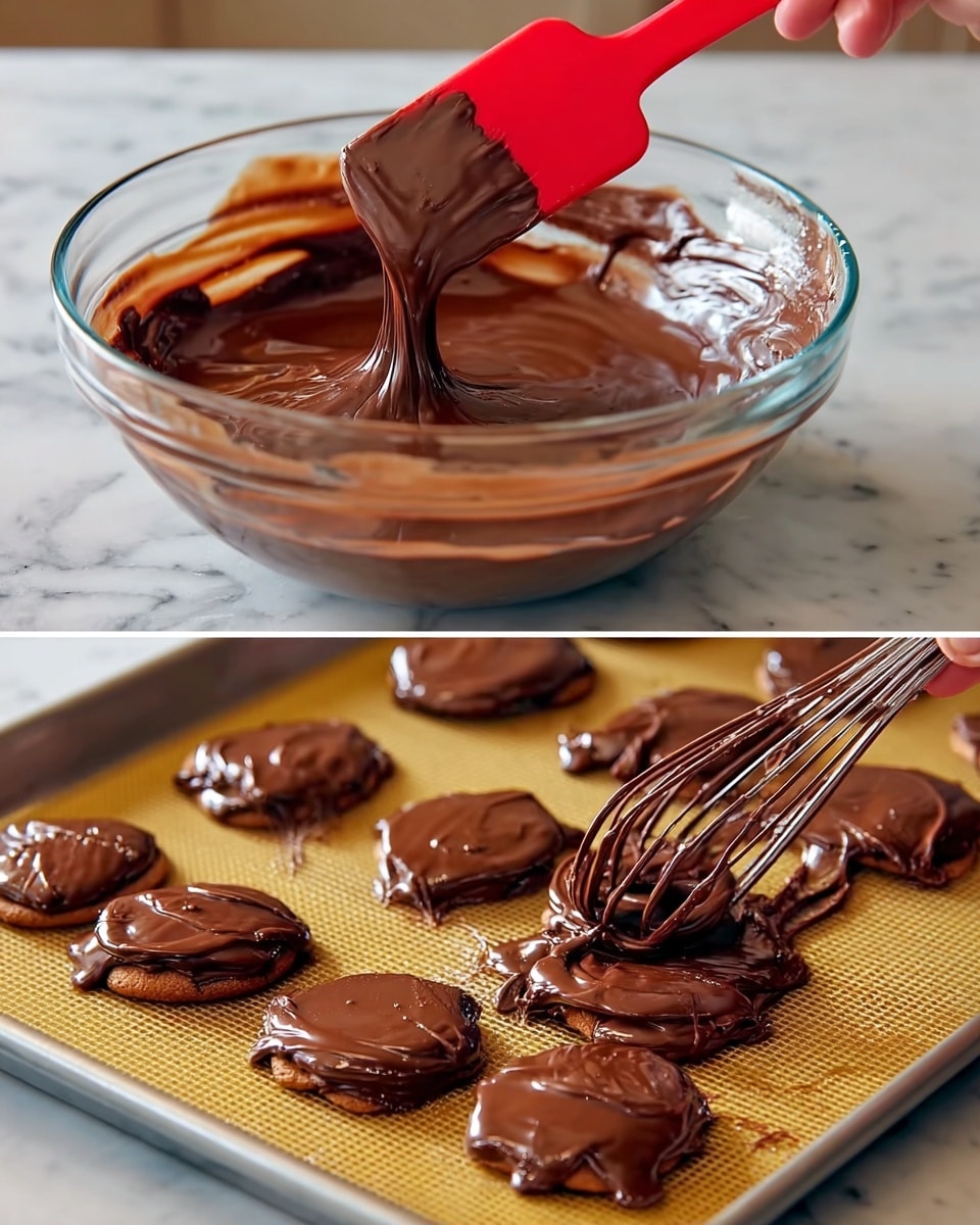 The first image shows a clear glass bowl filled with smooth, shiny, dark brown chocolate mixture being lifted by a red spatula, with extra chocolate spread around the sides of the bowl, on a white marbled surface. The second image shows a woman's hand holding a whisk dripping chocolate sauce over small, round cookie shapes arranged on a baking sheet lined with a yellowish baking mat, all placed on the same white marbled surface, with the chocolate sauce thickly covering each cookie creating soft, rounded layers. photo taken with an iphone --ar 4:5 --v 7