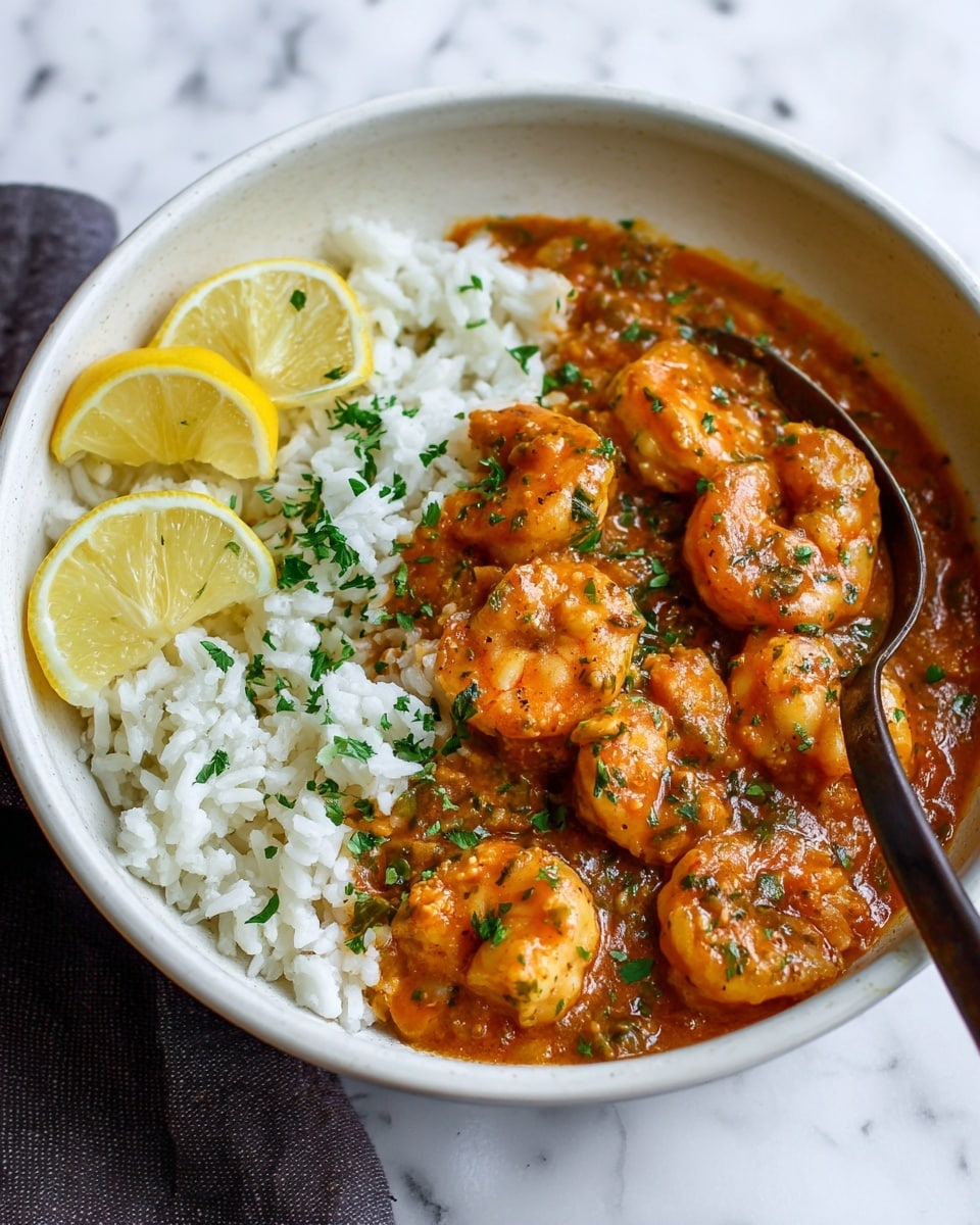 The dish shows a white bowl filled with two main layers. On one side, there is a layer of white rice with small green parsley pieces sprinkled on top, and three lemon wedges placed near the rice. On the other side, there is a thick, reddish-orange sauce with visible chunks of shrimp coated in the sauce, along with bits of green herbs sprinkled over. A dark fork is resting on the edge of the bowl near the shrimp, with part of the fork handle pointing upward. The bowl is set on a white marbled surface. Photo taken with an iphone --ar 4:5 --v 7
