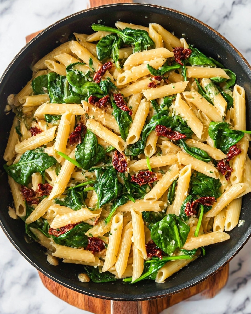 The image shows a black pan filled with penne pasta mixed with fresh green spinach leaves and small pieces of dark red sun-dried tomatoes. The pasta is light yellow with a creamy texture, and the spinach is fresh and slightly wilted, scattered evenly over the pasta. The sun-dried tomatoes add a rough, wrinkled texture and deep color contrast, spread throughout the dish. The pan is placed on a wooden board, which sits on a surface with a white marbled texture. photo taken with an iphone --ar 4:5 --v 7