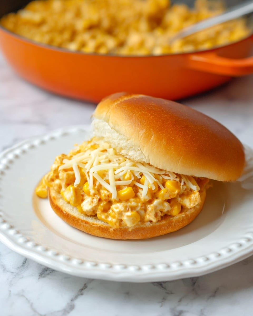 A sandwich sits open on a white plate with a raised, decorative edge, placed on a white marbled surface. The bottom bun is golden brown and soft-looking, topped with a thick layer of creamy, mixed filling made of light orange, chunky bits and yellow corn kernels. Over this mixture, there is a scattering of shredded white and light yellow cheese. The top bun, also golden brown and slightly shiny, rests tilted against the filling, showing its soft texture. In the background, there is a large orange pan filled with more of the creamy mixture, slightly blurred. Photo taken with an iphone --ar 4:5 --v 7