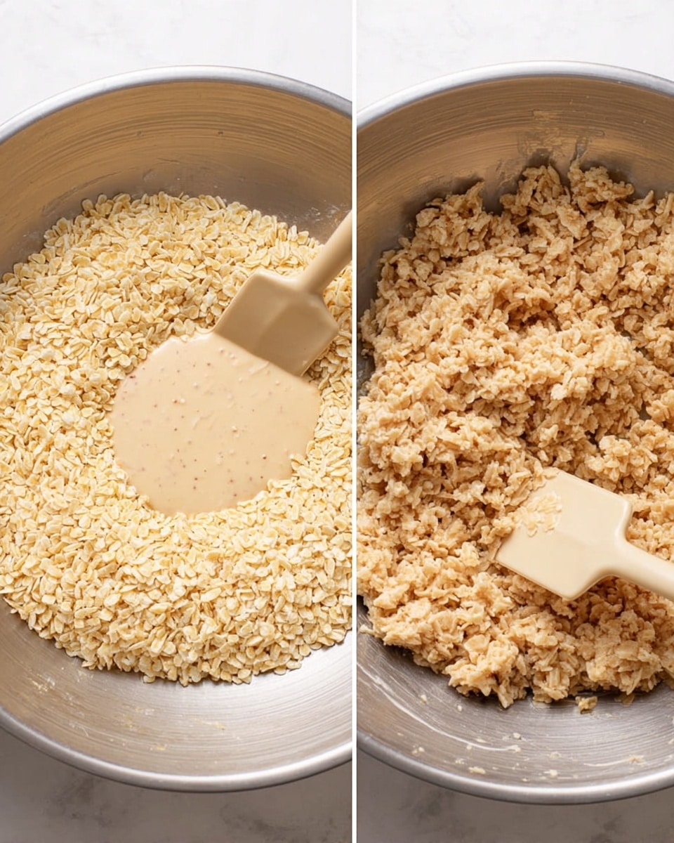Two side-by-side images show the process of making a crispy rice treat in a large shiny metal bowl on a white marbled background. On the left, there is a large pile of pale yellow crispy rice cereal filling most of the bowl, with a creamy, light beige sauce with small specks being poured over the left side, with a beige spatula resting under the sauce. On the right, the crispy rice and sauce are fully mixed together into a sticky, chunky light tan mixture with visible rice bits all coated, with the beige spatula partially inserted in the mix. photo taken with an iphone --ar 4:5 --v 7