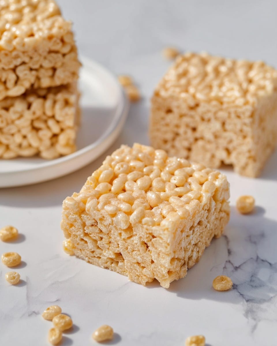 Three thick, square-shaped crispy rice treats are placed on a white marbled surface. Each treat has a light golden-brown color with a shiny, slightly sticky texture that shows the puffed rice pieces closely packed together. One rice treat is in the foreground, with two others scattered around it, while a white plate in the background holds two more squares stacked loosely. Small loose rice puffs are scattered near the treats, adding to the scene. The treats look soft but firm with visible puffed grains held together by a glossy, sweet binder. Photo taken with an iphone --ar 4:5 --v 7