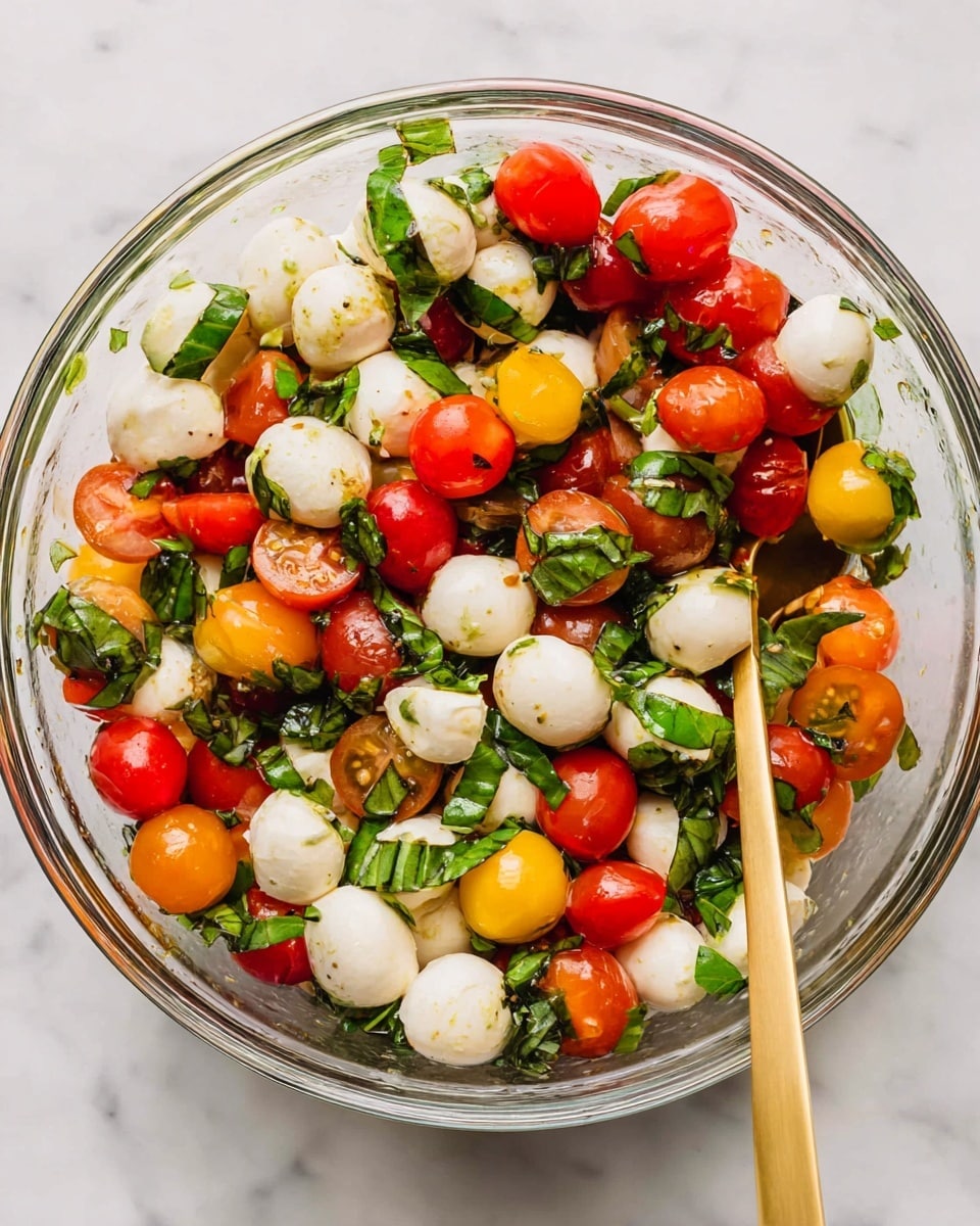 A clear bowl filled with a colorful salad showing three main layers: small white mozzarella balls scattered evenly, bright green fresh basil leaves torn and mixed throughout, and halved cherry tomatoes in vibrant red and yellow colors adding brightness all around. A golden spoon rests inside the bowl, touching the ingredients lightly. The bowl sits on a white marbled surface, making the colors stand out clearly. photo taken with an iphone --ar 4:5 --v 7