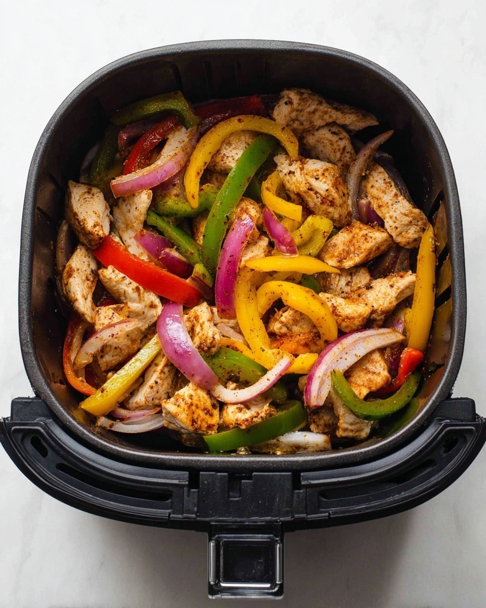 Inside a black air fryer basket, there is a colorful mix of cooked sliced chicken with visible seasoning, layered with strips of green, yellow, and red bell peppers, and thin wedges of red onion. The chicken pieces are light brown with a slightly crispy texture, while the peppers add bright green, yellow, and red colors scattered throughout. The red onion slices bring a purple and white contrast, all combined in a casual, slightly mixed arrangement. The air fryer basket sits on a white marbled surface. photo taken with an iphone --ar 4:5 --v 7