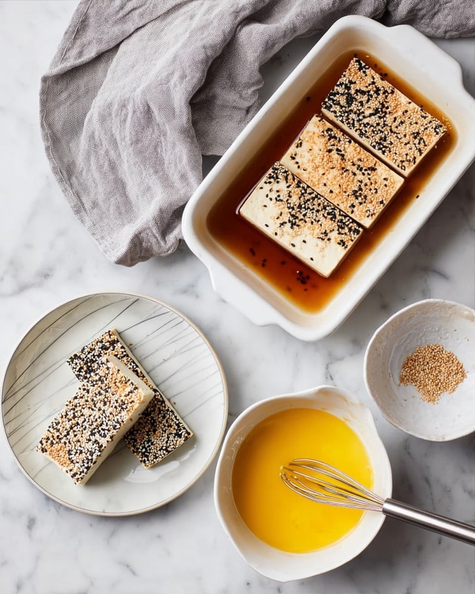 The image shows three rectangular pieces of tofu in a white dish filled partly with a brown marinade. On a white plate to the left, two pieces of tofu are fully covered in a mix of black and white sesame seeds. One of these sesame-covered pieces is placed on a smaller white oval plate with grey lines near the bottom left corner. Near the bottom right, a white bowl contains a yellow beaten egg mixture, with a metal whisk resting inside. The whole setup is arranged on a white marbled surface, and a grey cloth is draped behind the white dish. Photo taken with an iphone --ar 4:5 --v 7