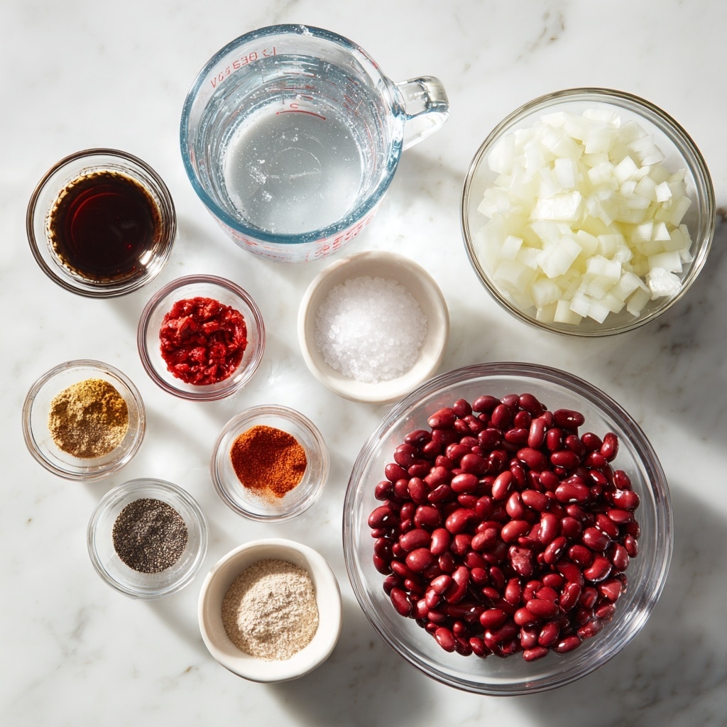 A top view of several small white bowls and clear glass bowls on a white marbled surface. The largest glass bowl on the right side is filled with light beige soybeans. To the upper right is a small clear bowl with diced white onions. Above and to the left, a large clear measuring cup holds clear water. Surrounding these are seven small bowls in a row including dark brown sauce, dark red sauce, a small bowl of black pepper, white salt, red powder spice, light brown ground spice, and a small bowl with reddish-brown sauce. Everything is arranged neatly with good lighting. photo taken with an iphone --ar 4:5 --v 7