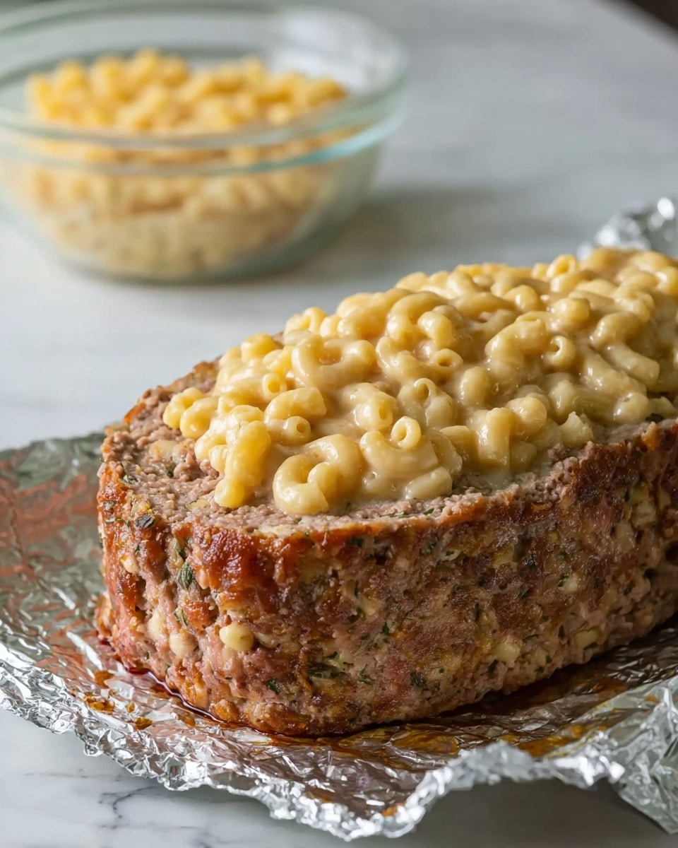 The image shows a thick oval-shaped meatloaf made from ground meat with herbs mixed in, placed on a sheet of foil with crinkled edges. The meatloaf has a hollowed-out center that is fully filled with creamy, pale yellow macaroni and cheese, with curved elbow pasta pieces sitting on top in a slightly uneven layer. In the background, there is a clear glass bowl containing more macaroni and cheese. The setting is on a white marbled surface. photo taken with an iphone --ar 4:5 --v 7