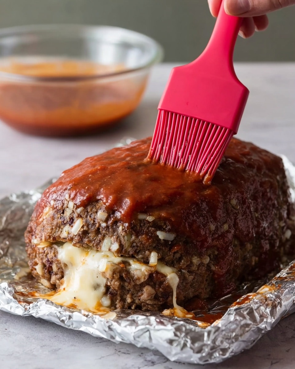 A cooked meatloaf sits on a foil-lined surface with a white marbled texture underneath, showing a rough dark brown outer layer with white bits of onion visible throughout; melted cheese is oozing out from the meatloaf’s sides near the bottom. On top, a smooth, thick layer of reddish-brown sauce is being spread by a red silicone brush held by a woman's hand. In the background, there is a clear glass bowl containing more of the same sauce, slightly out of focus. Photo taken with an iphone --ar 4:5 --v 7