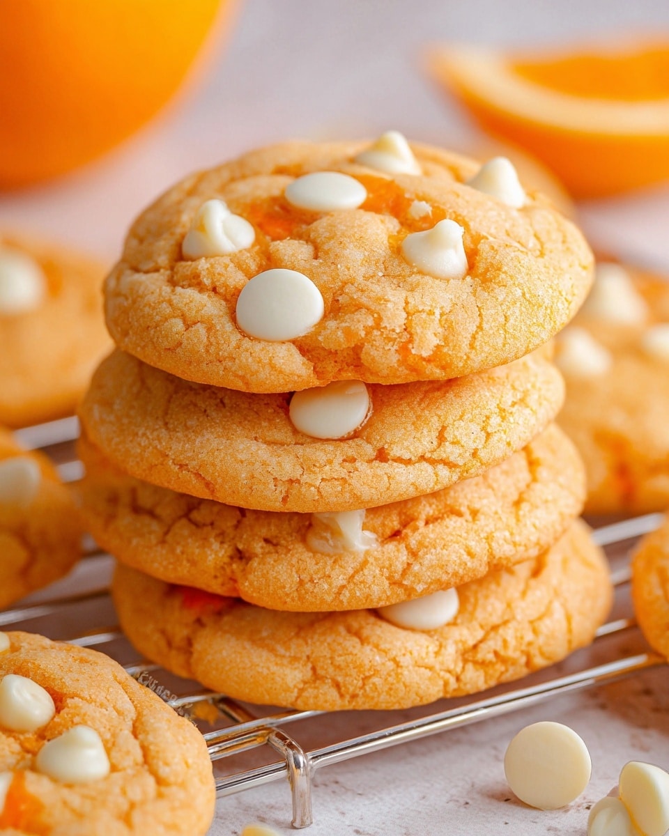 A close-up view of a stack of soft, round orange cookies with white chocolate chips scattered on top. The cookies have a slightly cracked and textured surface showing their softness. The stack is placed on a small silver cooling rack, with a few white chocolate chips around it on a white marbled surface. The background is softly blurred with a hint of an orange slice in the corner. photo taken with an iphone --ar 4:5 --v 7