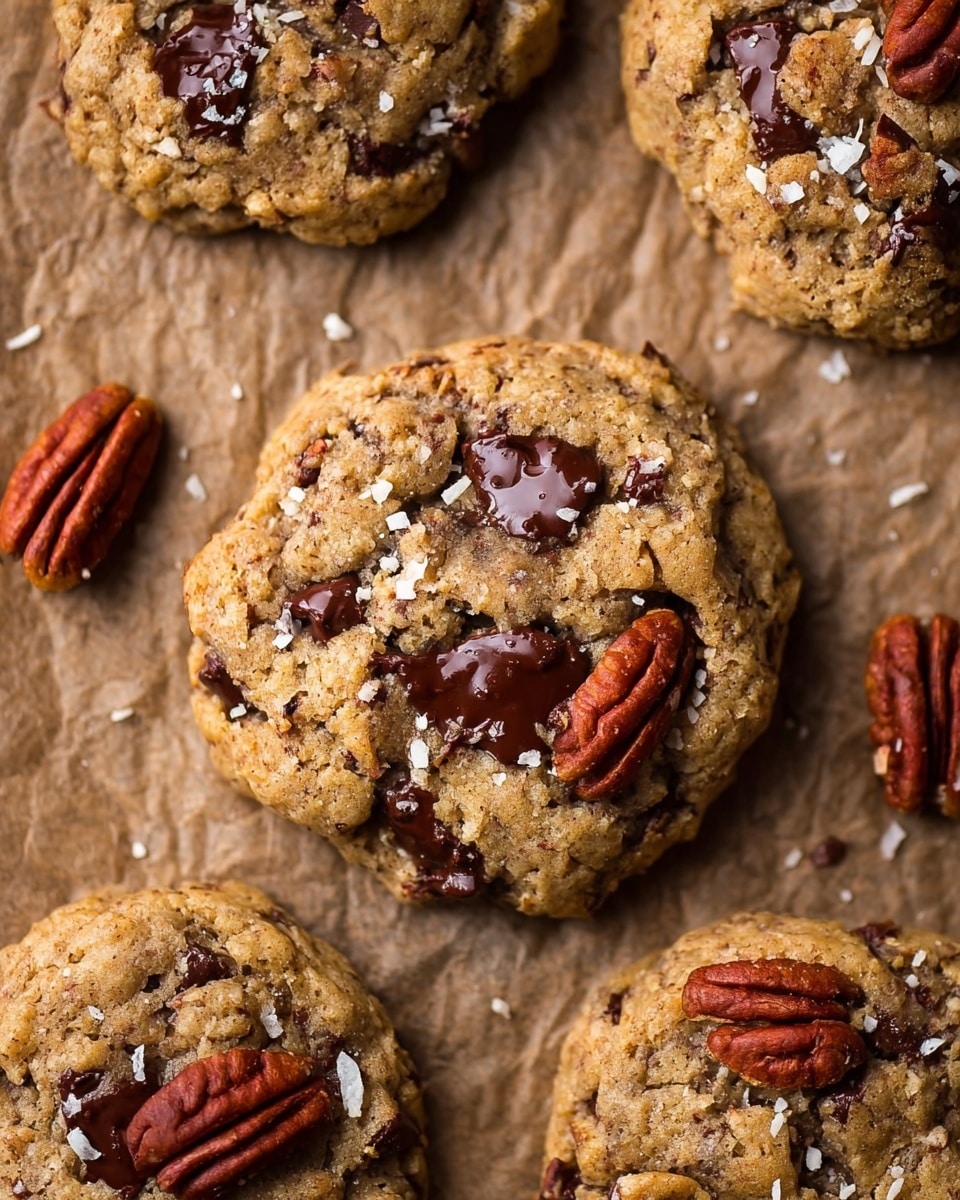 Several round cookies with a rough, crumbly texture are shown on crinkled brown parchment paper. Each cookie has a golden-brown base mixed with pieces of melted dark chocolate chips, which create glossy, melted spots scattered unevenly across the surface. There are whole and chopped pecan halves placed on top of the cookies, adding a rich reddish-brown contrast to the dough. Tiny white flakes of shredded coconut are sprinkled lightly over the cookies. The cookies have an inviting, homemade appearance, with uneven edges and a soft, chunky look. Additional whole pecan pieces are scattered around the cookies on the parchment. photo taken with an iphone --ar 4:5 --v 7