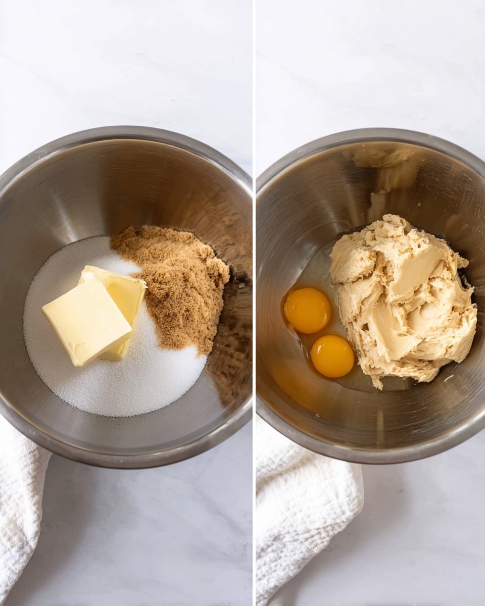 The image shows two side-by-side large metal mixing bowls placed on a white marbled surface. In the left bowl, there are three layers: a chunk of pale yellow butter on top, a heap of light brown sugar, and a smaller pile of white granulated sugar beneath, all resting together. The right bowl shows a creamy, light beige dough mixture filling about half the bowl, with two bright yellow egg yolks added to the side, not yet mixed. A white cloth is partially visible near the bowls. Photo taken with an iphone --ar 4:5 --v 7