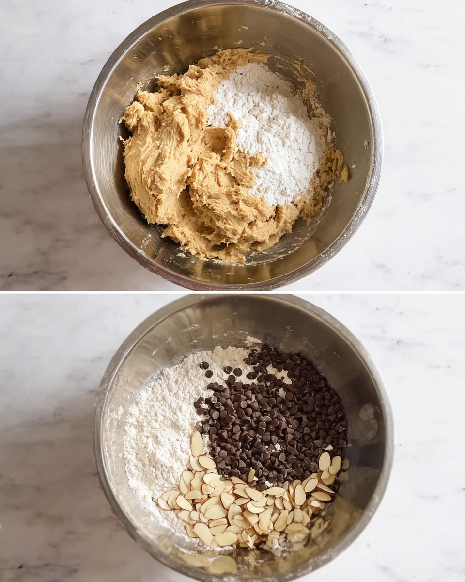 The first image shows a shiny metal mixing bowl with a creamy, light brown dough on one side and a heap of white flour on the other side inside the bowl, all placed on a white marbled surface. The dough has a smooth texture, while the flour looks powdery and soft. The second image displays the same metal bowl with the light brown dough mixed a bit more, now topped with dark brown chocolate chips scattered on one side and sliced almond pieces with light brown edges on the other side, resting side by side on the dough and flour mixture. Both images focus closely on the bowl’s contents with no other objects visible. Photo taken with an iphone --ar 4:5 --v 7