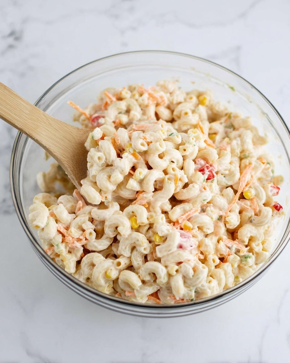 A clear glass bowl filled with a creamy macaroni salad that has three main visible layers: the top layer shows curved elbow macaroni in a pale beige color coated with a light creamy dressing, the middle layer reveals small pieces of yellow corn and red bell pepper mixed into the salad, and the bottom layer appears to have some shredded pale orange cheese and finely chopped light green celery. A light wood spoon rests inside the bowl, partially covered by the macaroni salad. The bowl is placed on a white marbled surface. photo taken with an iphone --ar 4:5 --v 7