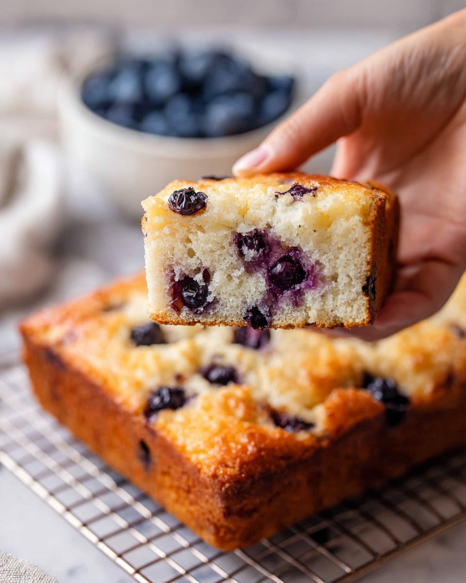 A close-up of a square slice of light golden blueberry cake with a soft, fluffy texture held by a woman's hand, showing several dark purple blueberries inside the pale, airy cake. The slice is lifted above a larger rectangular blueberry cake with a shiny, golden-brown crust and some visible blueberries on top, all resting on a white marbled surface with a cooling rack beneath the cake. In the blurred background, a white bowl filled with fresh blueberries is partly visible. Photo taken with an iphone --ar 4:5 --v 7