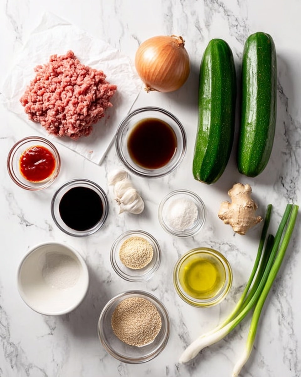 The image shows an overhead view of various cooking ingredients arranged separately on a white marbled surface. There are two whole green zucchinis and three whole green onions on the right side. Next to them is a whole brown onion, a piece of ginger, and a single clove of garlic. In the center, there are several small clear glass bowls containing different ingredients including a red chili sauce, a dark soy sauce, a light yellow liquid (likely vinegar or oil), a small amount of white powder (possibly cornstarch), brown sugar, and white sesame seeds. On the left side, there is a piece of raw ground meat on white paper and an empty white bowl. The overall arrangement is neat and the colors range from green, brown, red, and beige tones on a clean white marbled background. Photo taken with an iphone --ar 4:5 --v 7