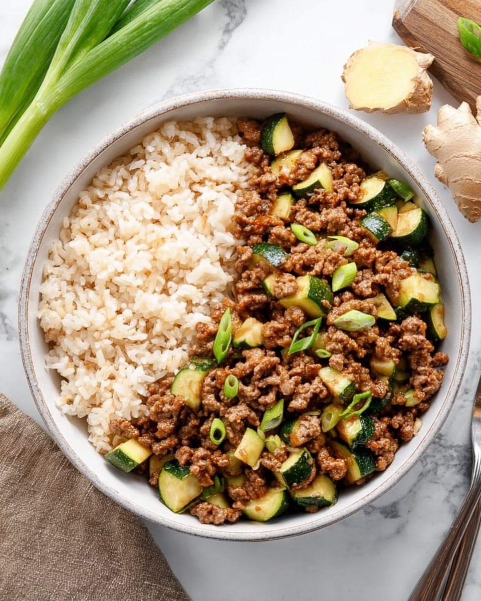 The image shows a round white bowl with two layers of food. On the left half is a layer of light brown cooked rice with fluffy texture. On the right half is a mix of cooked ground meat and green zucchini pieces, cut into small chunky slices. The ground meat is brown and crumbly, mixed with small green onion pieces scattered on top, adding a fresh touch. The bowl is placed on a white marbled surface with some green onions, ginger, and a fork visible nearby. photo taken with an iphone --ar 4:5 --v 7