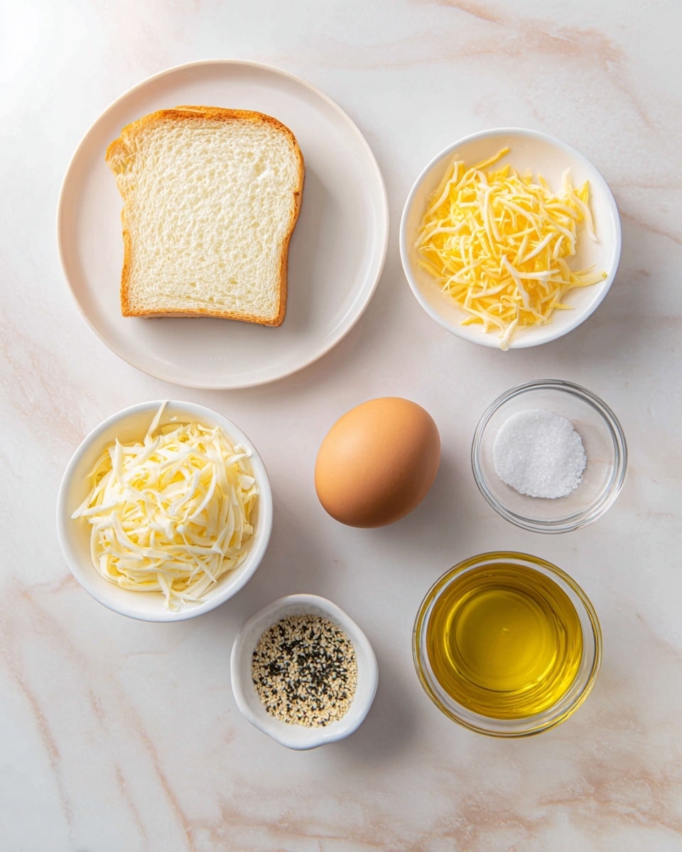 The image shows six ingredients placed on a white marbled surface: a single slice of white bread on a white plate at the top left, a whole brown egg in the center, shredded yellow and white cheese in a small white bowl at the bottom left, a small glass bowl of golden olive oil at the bottom right, a small white bowl containing a mix of sesame and black seeds at the top right, and a small glass bowl with white salt next to the egg. The setting is clean and simple with soft natural light. photo taken with an iphone --ar 4:5 --v 7