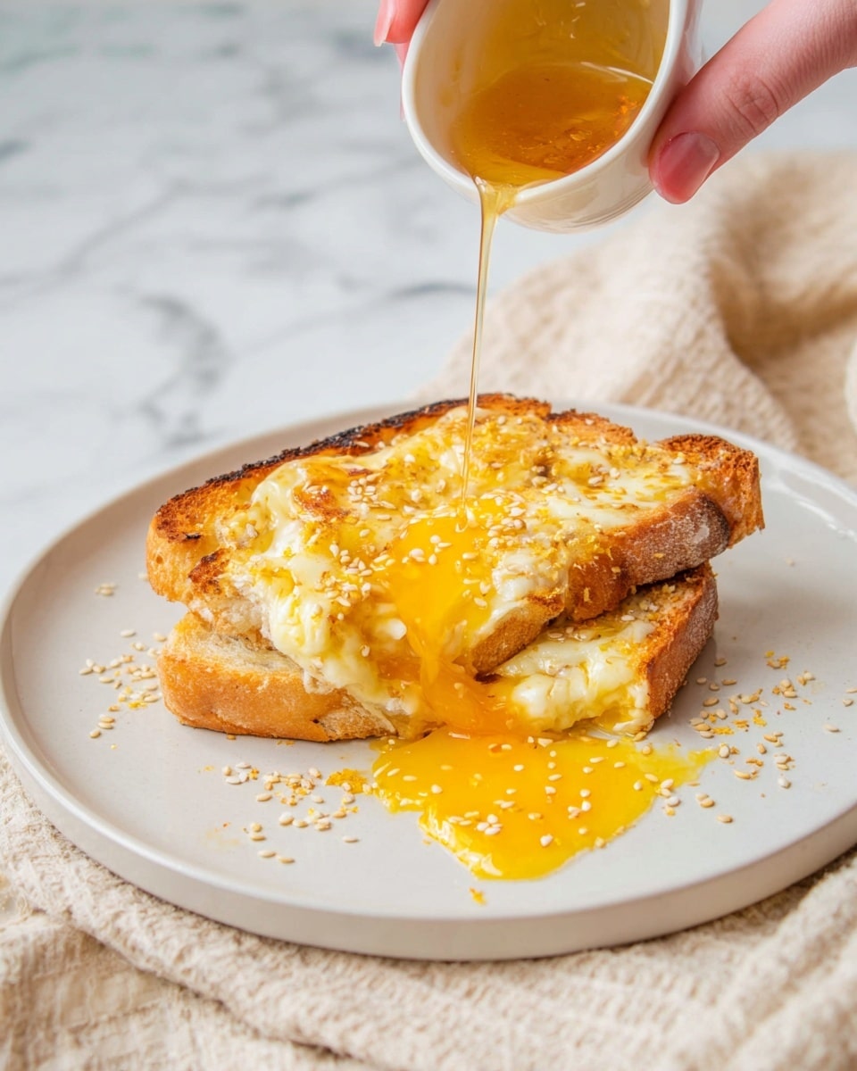 Two slices of toasted bread with melted golden cheese on top sit on a white plate. One slice is broken open, and bright yellow egg yolk oozes out onto the plate. Sesame seeds are sprinkled on the cheese and around the plate. A woman's hand is pouring a light golden liquid, likely honey, over the cheese. The plate is on a white marbled surface with a textured beige cloth nearby. photo taken with an iphone --ar 4:5 --v 7