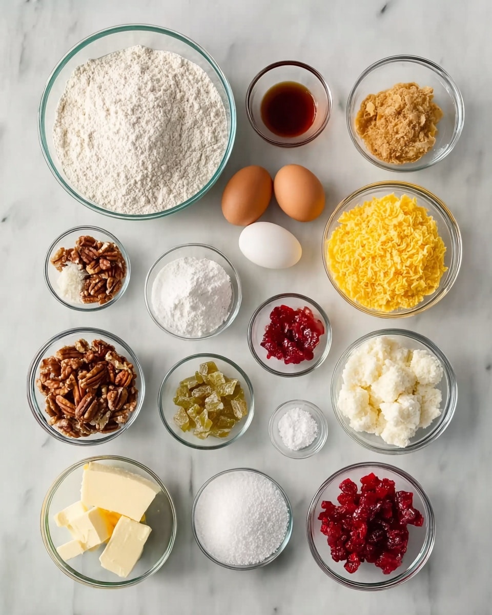 The image shows a white marbled surface with 12 small clear glass bowls arranged neatly. The largest bowl with white flour is at the top left. To its right are medium-sized bowls holding crushed yellow cornflakes and white sugar. There are two eggs in a bowl near the top center with a small bowl of vanilla extract above the flour. Smaller bowls contain white coconut flakes, chopped pecans, red and green candied cherries, softened butter cubes, chopped dates, salt, and baking powder. Each ingredient is easy to see with a clean, organized look. photo taken with an iphone --ar 4:5 --v 7