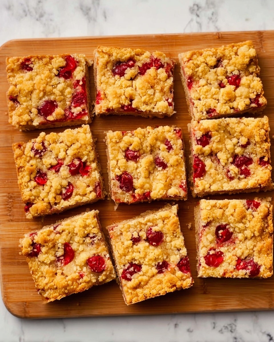 A wooden board with eight square pieces of crumbly topping bars placed on a white marbled surface. Each bar has two visible layers: a thick golden-brown crumbly top layer with scattered small bright red cherry pieces and a dense lighter brown base layer. The pieces are cut evenly and arranged neatly in two rows of four, showing the rough texture of the crumb topping clearly. Photo taken with an iphone --ar 4:5 --v 7