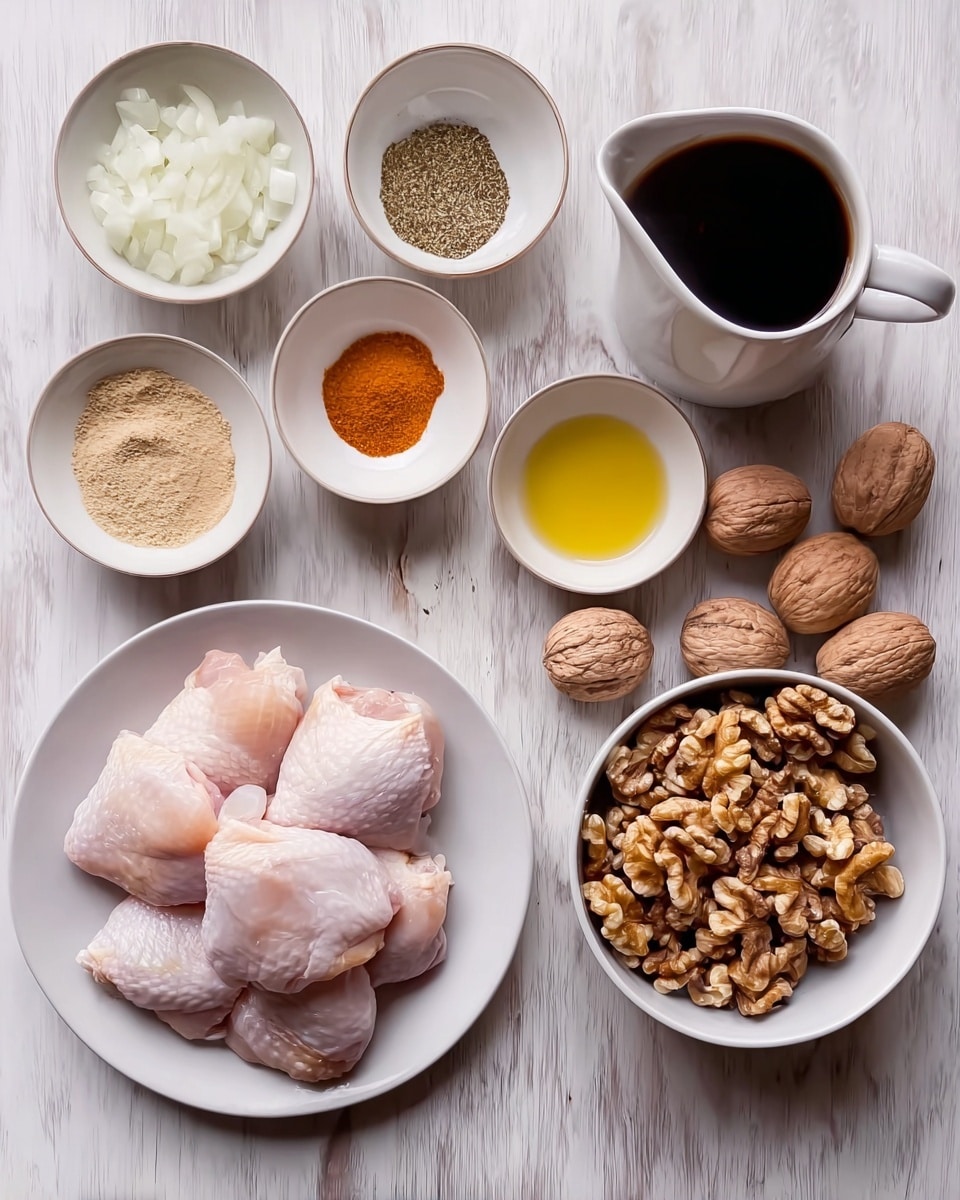 The image shows a flat lay of raw ingredients on a white marbled texture. There are six small white bowls; one with chopped white onions, one with light beige powder, one with orange spice, one with yellow oil, one with greenish herb, and one with red spice. A larger white plate holds six raw light pink chicken thighs stacked in a neat pile. A white cup with a spout contains a dark brown liquid. A medium white bowl is filled with whole walnuts, showing their textured light brown shells. Everything is neatly arranged and evenly spaced, photo taken with an iphone --ar 4:5 --v 7