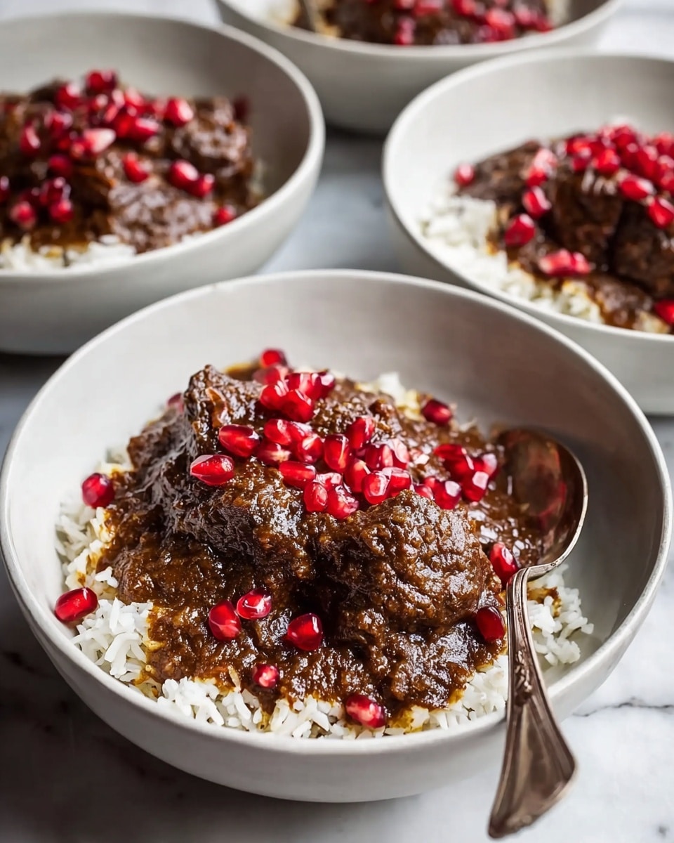 A white bowl contains a base layer of white rice with a slightly fluffy texture. On top of the rice is a thick, dark brown sauce with a rich and slightly chunky texture, covering a piece of meat beneath. The dish is garnished with bright red pomegranate seeds scattered on the sauce, adding a fresh and glossy contrast. A vintage silver spoon rests inside the bowl on the right side. The bowl is set on a white marbled surface, with three more similar bowls blurred in the background. Photo taken with an iphone --ar 4:5 --v 7