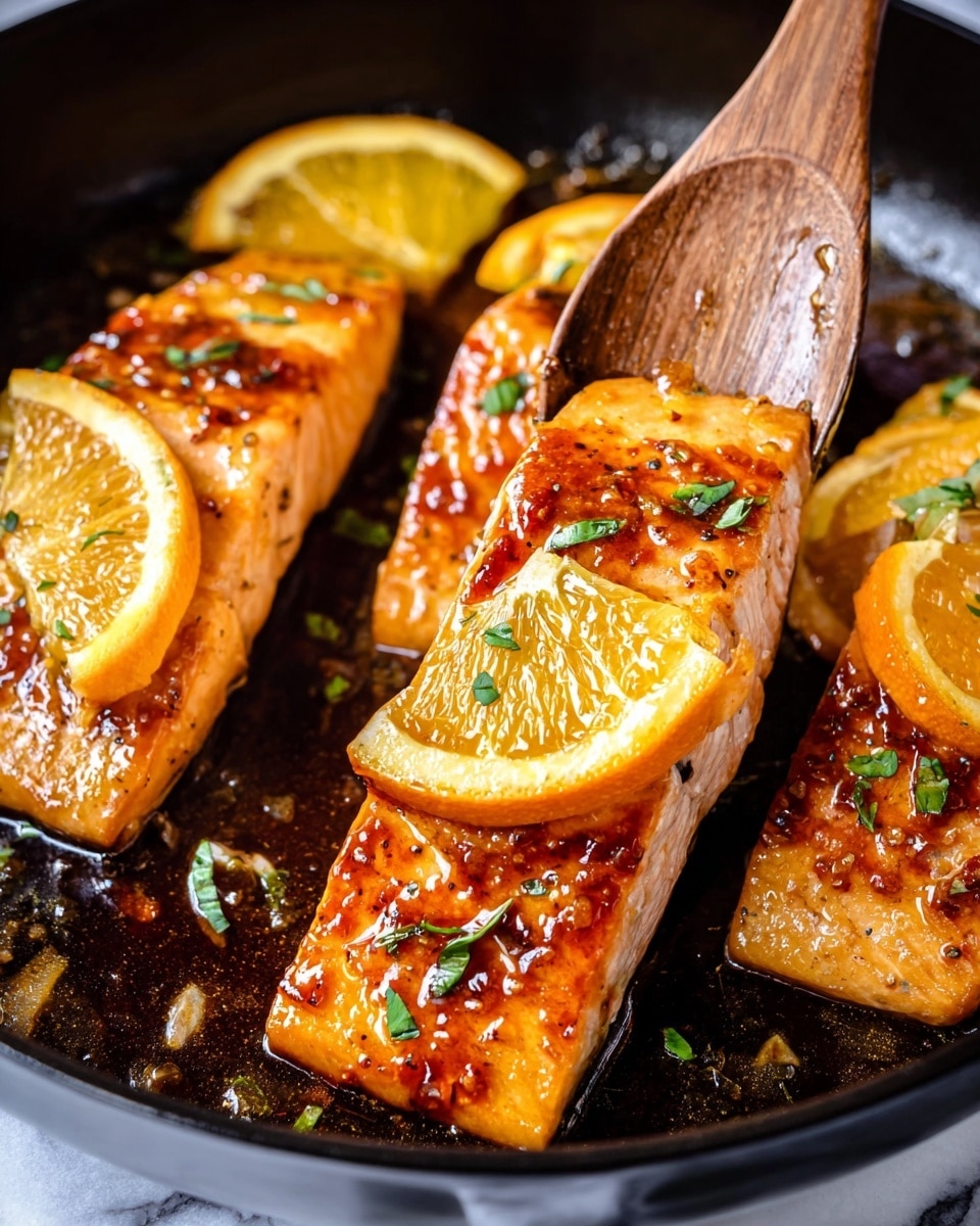 Four pieces of orange-glazed cooked salmon with a shiny, slightly charred surface, arranged in a black pan on a white marbled texture. Thin, bright orange slices rest on top of two salmon pieces and around the pan. Small green herb leaves are scattered on the salmon and sauce, adding color contrast. A wooden spoon lifts one salmon piece, showing its glossy, rich glaze and the orange slice on top. The sauce underneath is dark brown and shiny with visible bits of seasoning. Photo taken with an iphone --ar 4:5 --v 7