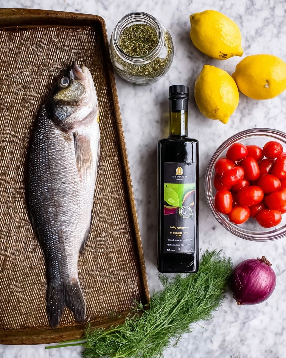 The image shows a whole silver-gray fish with a slightly shiny, scaled texture lying flat on a baking tray with a mesh pattern, placed on a white marbled surface. Next to the fish on the right side, there is a tall black bottle of olive oil with a green label near the bottom. Above and to the right of the bottle, there is a small glass bowl filled with bright red, halved cherry tomatoes. Above the bowl, there is a jar filled with green dried herbs. To the right of the jar, three yellow lemons are placed close together. Below the lemons, a small bunch of fresh green dill herbs lies on the white marbled surface. Just below the olive oil bottle, there is one whole small purple onion with a smooth outer skin. photo taken with an iphone --ar 4:5 --v 7