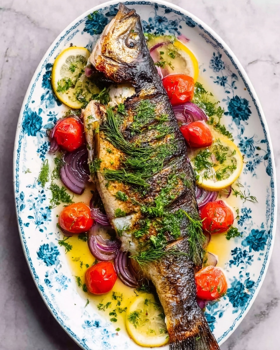 The image shows a whole grilled fish with a crisp, dark brown skin placed on an oval white plate with a blue floral pattern. The fish lays on a bed of sliced red onions positioned underneath, with bright red cherry tomato halves scattered on the right side and part of the left. Fresh green dill sprigs and chopped parsley are spread around the fish and tomatoes, adding green accents. Two thin lemon slices rest toward the top middle, partially under and beside the fish’s upper body. A light shiny sauce or oil covers parts of the fish and plate, giving the dish a fresh, moist look, all set on a white marbled surface. Photo taken with an iphone --ar 4:5 --v 7