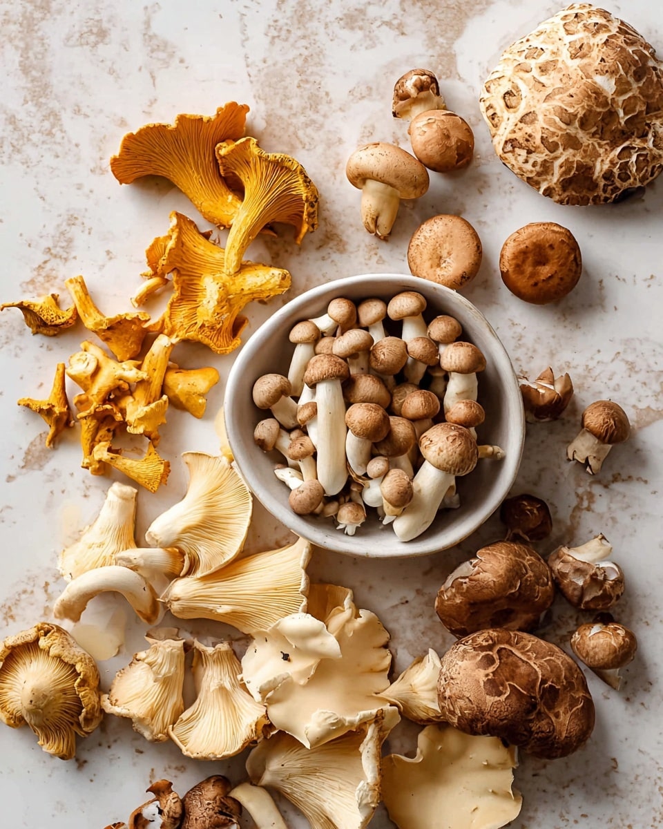 The image shows a group of different mushrooms spread over a white marbled surface. There is a small white bowl filled with many small brown mushrooms with white stems in the center-right of the image. Around the bowl, there are several larger mushrooms scattered, including light beige oyster mushrooms with smooth, curved caps in the bottom-left, bright yellow-orange chanterelle mushrooms with wavy edges near the center, and several brown shiitake mushrooms with round, textured caps. The mushrooms have natural, earthy colors and a mix of smooth and rough textures, arranged loosely across the surface. Photo taken with an iphone --ar 4:5 --v 7
