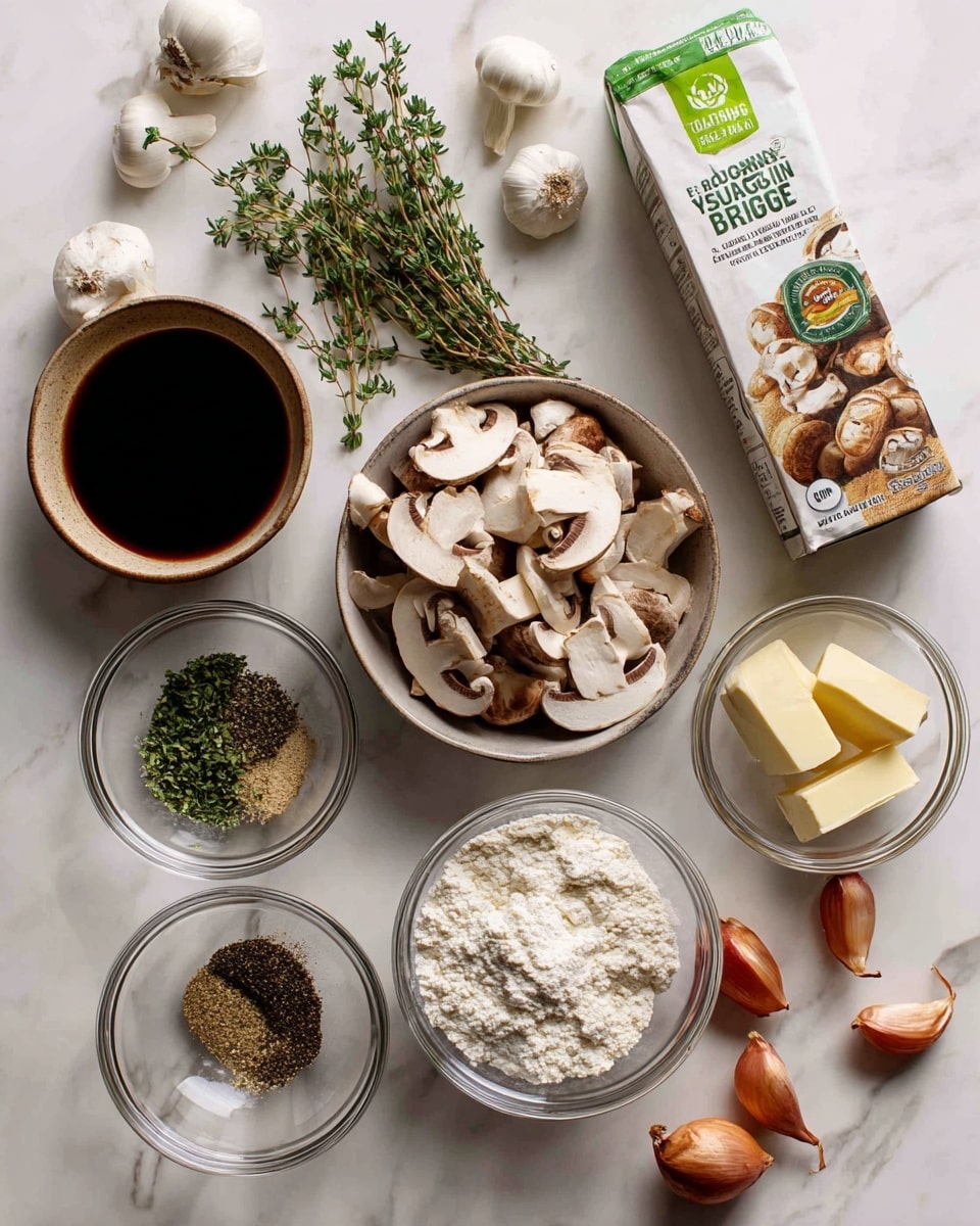 This image shows a cooking setup on a white marbled surface with various clear glass bowls and fresh ingredients arranged neatly. In the top center, there is a medium bowl filled with dark brown soy sauce. Below it, a larger bowl holds sliced mushrooms with light brown tops and white undersides. To the right, a carton of vegetable broth with green and white packaging stands upright. Next to it is a clear bowl containing a few pieces of pale vegan butter. At the center bottom, a bowl filled with white flour is placed. On the left, a bunch of fresh thyme with green leaves lies next to a small bowl holding dried parsley, dried thyme, and ground black pepper, showing a mix of green and brown dried herbs. Slightly to the right of the herbs, there are several cloves of garlic with creamy white skins scattered around. Two small, reddish shallots with papery covers sit near the garlic. The colors contrast with the white marbled surface behind, creating a clean and fresh look. photo taken with an iphone --ar 4:5 --v 7