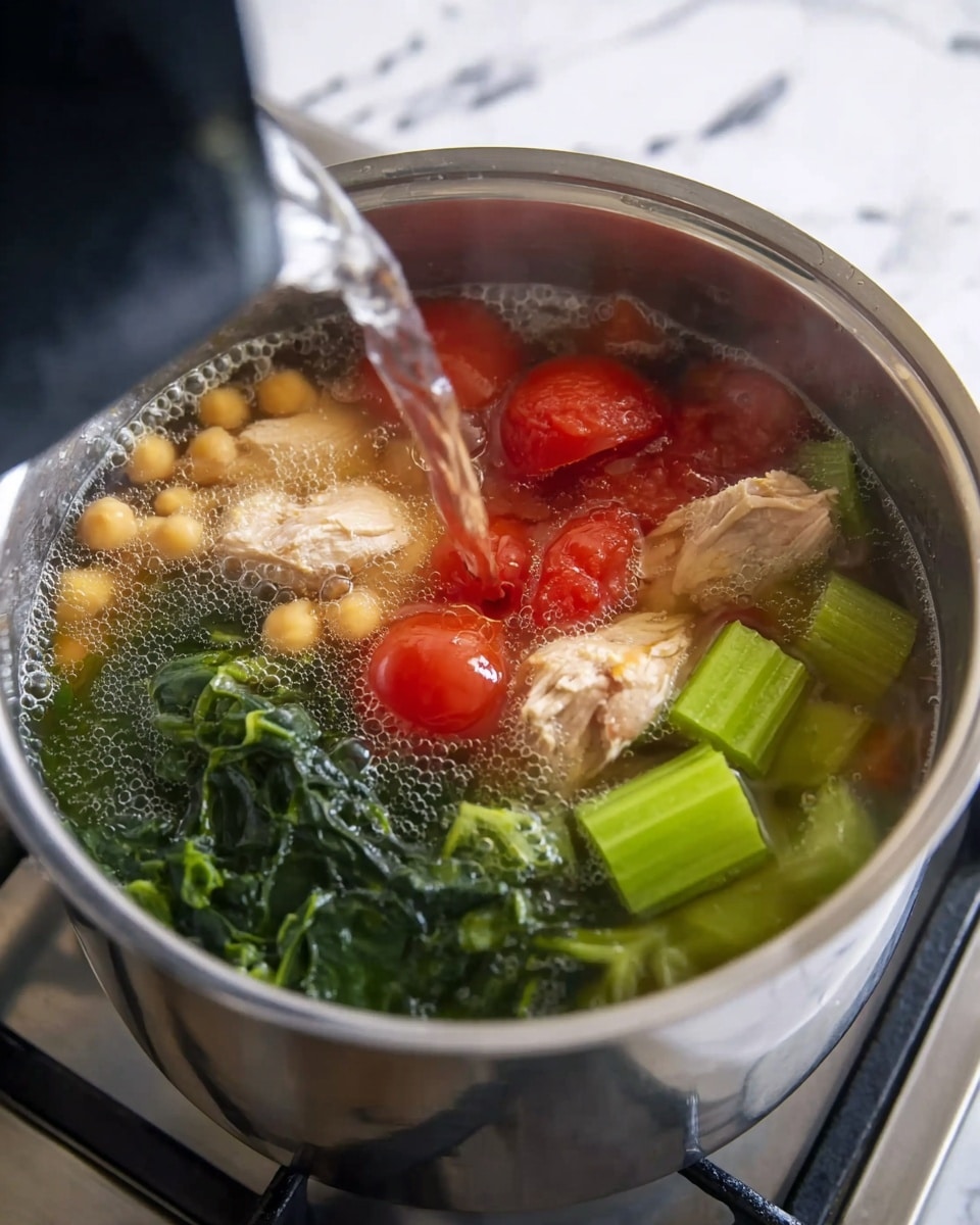 The image shows a silver pot filled with a clear broth, with visible layers of ingredients arranged inside. At the bottom, there are small round chickpeas that create a soft beige base. Above them, large pieces of red tomato chunks and bright green celery slices float. There are also two light tan pieces of cooked chicken placed near the center, alongside several dark green cubes of frozen spinach. Clear water is being poured from a dark container into the pot, creating bubbles and slight steam. The pot sits on a stove with a white marbled surface in the background. Photo taken with an iphone --ar 4:5 --v 7