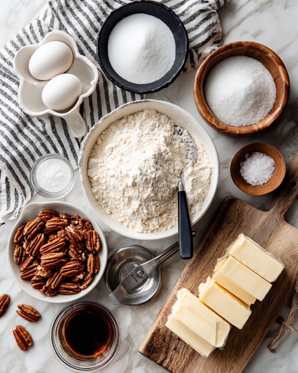 The image shows a top view of baking ingredients arranged on a white marbled surface. At the center, there is a white bowl filled with all-purpose flour which appears light and powdery, with a black spoon resting inside it. To the left of the bowl, two white eggs sit in a white ceramic egg holder on a black and white striped cloth. Above the flour bowl is a black bowl filled with fine white sugar. To the right, a small wooden bowl holds coarse sea salt flakes, and below it, two sticks of butter wrapped in paper lie next to each other. On the bottom left, a white bowl is filled with whole pecans, and beside it, a small glass cup with dark brown vanilla liquid sits on a wooden board. A small clear dish with fine white salt is placed near the butter. A metal spatula with black handle rests on the striped cloth near the eggs. The entire scene is clearly arranged with each ingredient labeled in black text. photo taken with an iphone --ar 4:5 --v 7