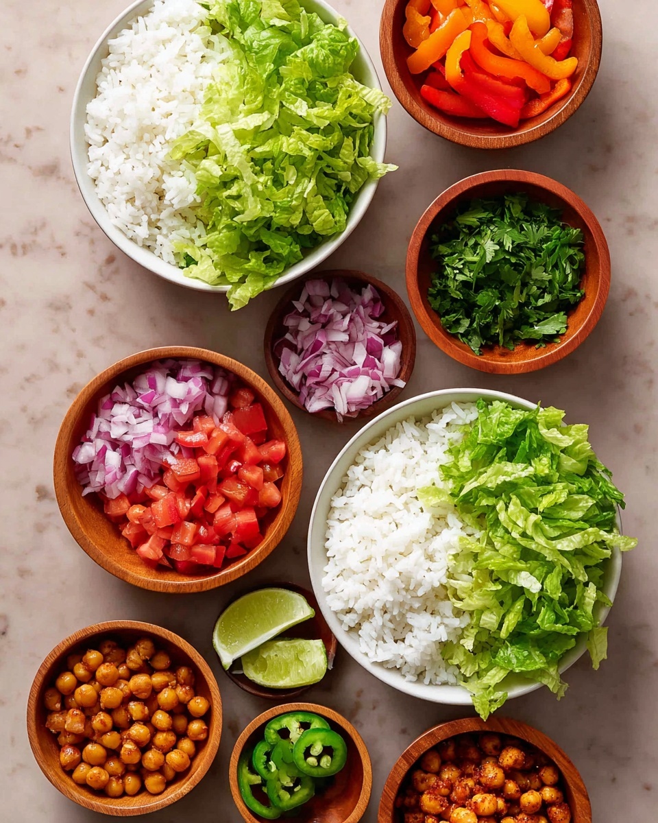 Two white bowls each have a layer of white rice on one side and chopped green lettuce on the other side, placed on a white marbled surface. Around them are seven small wooden bowls: one with sliced red and orange bell peppers, one with chopped red onions, one with chopped green herbs, one with lime wedges, one with diced red tomatoes, one with sliced green jalapeños, and one with roasted chickpeas. The colors are bright and fresh, with the rice's white contrast against the green lettuce and colorful vegetables. photo taken with an iphone --ar 4:5 --v 7