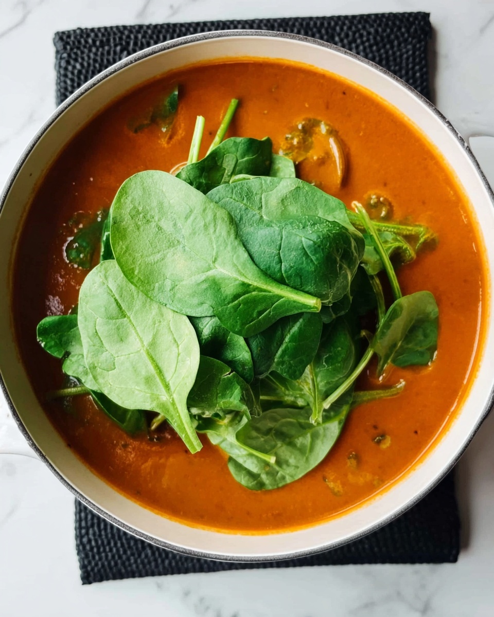 15-Minute Lentil Veggie Curry Recipe 5 A white bowl filled with a thick reddish-orange soup, topped with a large bunch of fresh bright green spinach leaves casually placed on top. The bowl sits on a black textured mat, which lies on a white marbled surface. The soup has a smooth texture with a few small visible bits of ingredients under the spinach leaves, and the spinach leaves are fresh, with varied sizes and visible veins. Photo taken with an iphone --ar 4:5 --v 7
