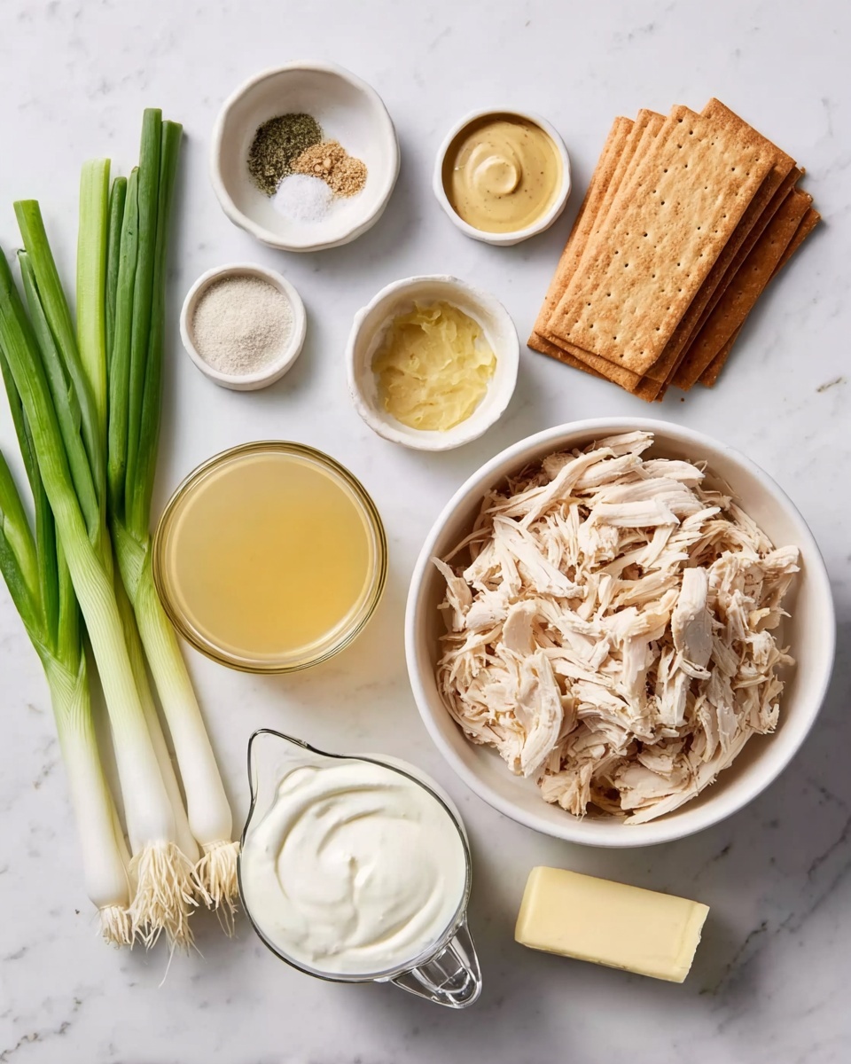 A white round bowl on the right side holds shredded light brown cooked chicken. Next to it, on the top right, are two packs of rectangular, brown crackers and a stick of pale yellow butter on a white marbled surface. Above the chicken are small white bowls with light brown mustard, salt, black pepper, and garlic powder inside. On the left are a bunch of fresh green and white spring onions and a larger white bowl with smooth white sour cream. Below the sour cream is a glass measuring jug filled with yellow chicken broth. The whole setup is arranged on a white marbled surface. photo taken with an iphone --ar 4:5 --v 7