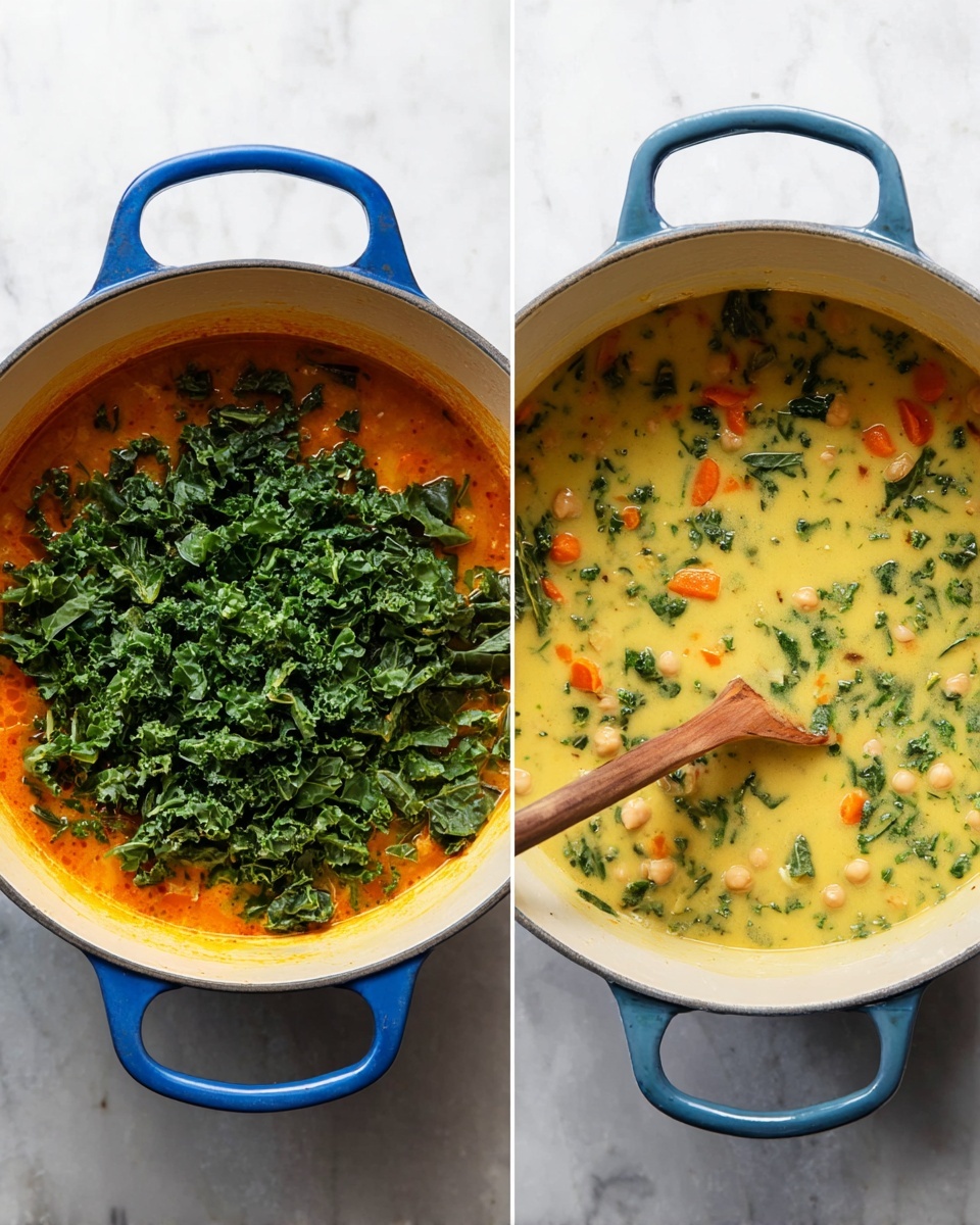 Lemony Greek Chickpea Soup Recipe 5 A blue pot with two handles is shown from above, placed on a white marbled surface. Inside the pot, the first image shows a layer of cooked orange broth at the bottom with a thick pile of fresh chopped dark green kale leaves on top. The second image reveals a creamy yellow soup filled with mixed green kale, small orange carrot pieces, and pale chickpeas, with a wooden spoon resting on the right side of the pot. The soup has a smooth, thick texture with visible chunks of vegetables mixed inside. photo taken with an iphone --ar 4:5 --v 7