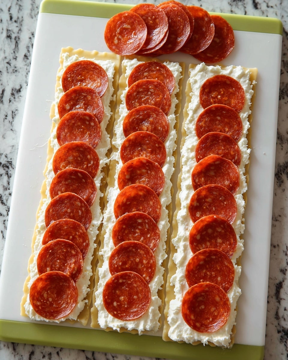 The image shows four long, flat pieces of cooked pasta (lasagna noodles) lined up vertically on a white cutting board with a green edge. Each lasagna noodle has a layer of white ricotta cheese spread along its center, and on top of the cheese there are overlapping slices of red-orange pepperoni arranged in a neat line from the top to the bottom. At the top of the cutting board, extra pepperoni slices lay stacked and slightly leaning against each other. The entire scene rests on a white marbled textured surface. Photo taken with an iphone --ar 4:5 --v 7