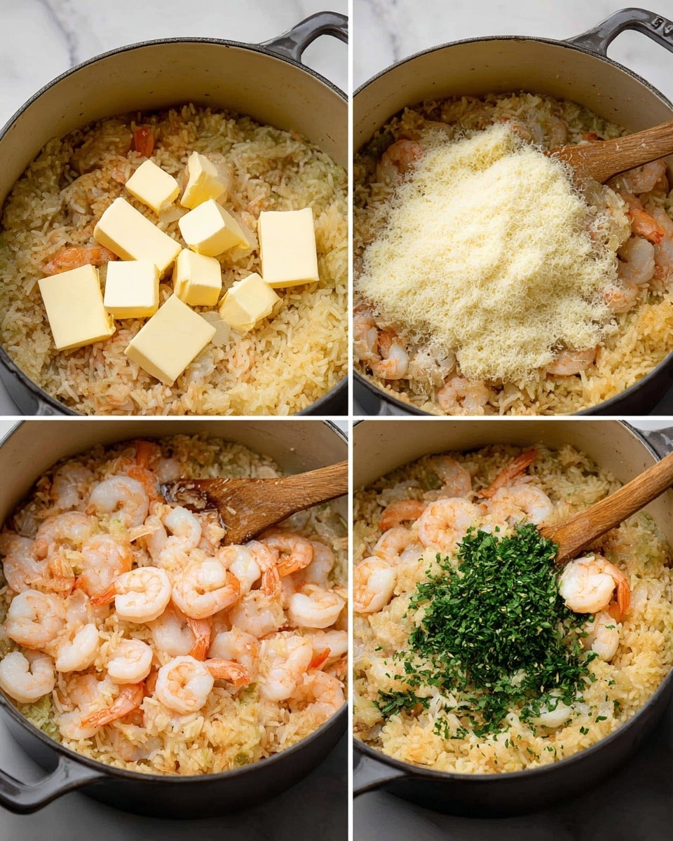 The image shows a cooking pot with four stages of making shrimp rice. The first layer at the bottom is light yellow rice, with raw shrimp placed evenly on top covering the whole surface. In the second stage, small square pieces of pale yellow butter are added over the shrimp layer. The third stage shows the rice and shrimp mixed together, with the shrimp turning pink and the rice having a moist, soft texture. The final stage has the shrimp rice topped with a mound of finely grated pale yellow cheese on one side and a pile of chopped bright green herbs on the other side, all mixed lightly with a wooden spoon. The pot is set against a white marbled surface. Photo taken with an iphone --ar 4:5 --v 7