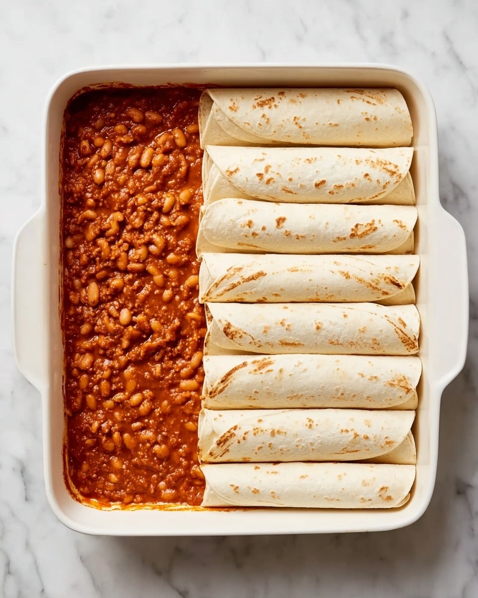 A white rectangular baking dish sits on a white marbled surface. Inside, the left half is filled with a thick, reddish-brown sauce with visible beans and small pieces of meat, spread evenly. On the right half, five rolled-up pale beige tortillas with light brown toasted spots are neatly lined up side by side, slightly overlapping. The scene is brightly lit and clear. photo taken with an iphone --ar 4:5 --v 7