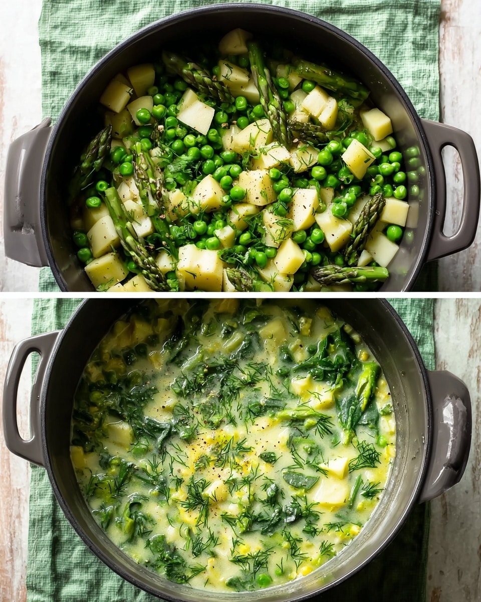 Inside a large black pot, there is a mix of diced white potatoes, bright green peas, chopped green asparagus, and green leafy spinach layered together; the potatoes and peas are scattered throughout with the asparagus pieces mostly on top and around the edges, sprinkled with black pepper and salt. In the next image, the same pot shows the vegetables now covered with a creamy light green broth, with fresh dill sprinkled on top, and the green leaves and peas floating through the soup. The pot sits on a soft green cloth over a white marbled surface. Photo taken with an iphone --ar 4:5 --v 7