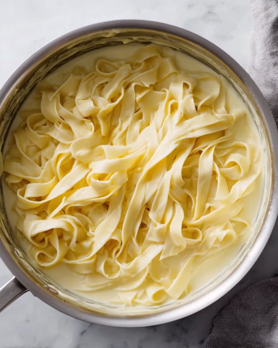 The image shows a shiny silver pan filled with broad, flat white pasta noodles resting on top of a creamy, pale yellow sauce. The pasta is layered loosely in the center, with smooth, slightly curled ribbons sitting over the thick sauce. The pan is placed on a white marbled surface with a gray cloth partially visible on the upper right side. The lighting is soft and natural, highlighting the smooth texture of the sauce and the soft pasta. Photo taken with an iphone --ar 4:5 --v 7