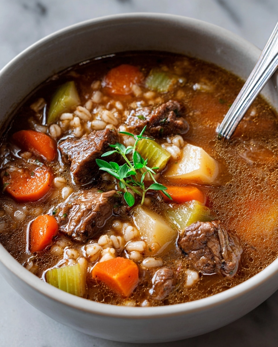 A white bowl filled with a rich brown stew showing several layers including chunks of dark brown meat, bright orange round carrot slices, light green celery pieces, pale yellow potato wedges, and small bits of white grains like barley scattered throughout the soup. The broth is thick and slightly glossy with small bubbles on the surface. In the center, a fresh green herb sprig lies on top, adding a pop of color. A silver spoon rests on the right side, partially submerged in the stew. The bowl sits on a white marbled surface photo taken with an iphone --ar 4:5 --v 7