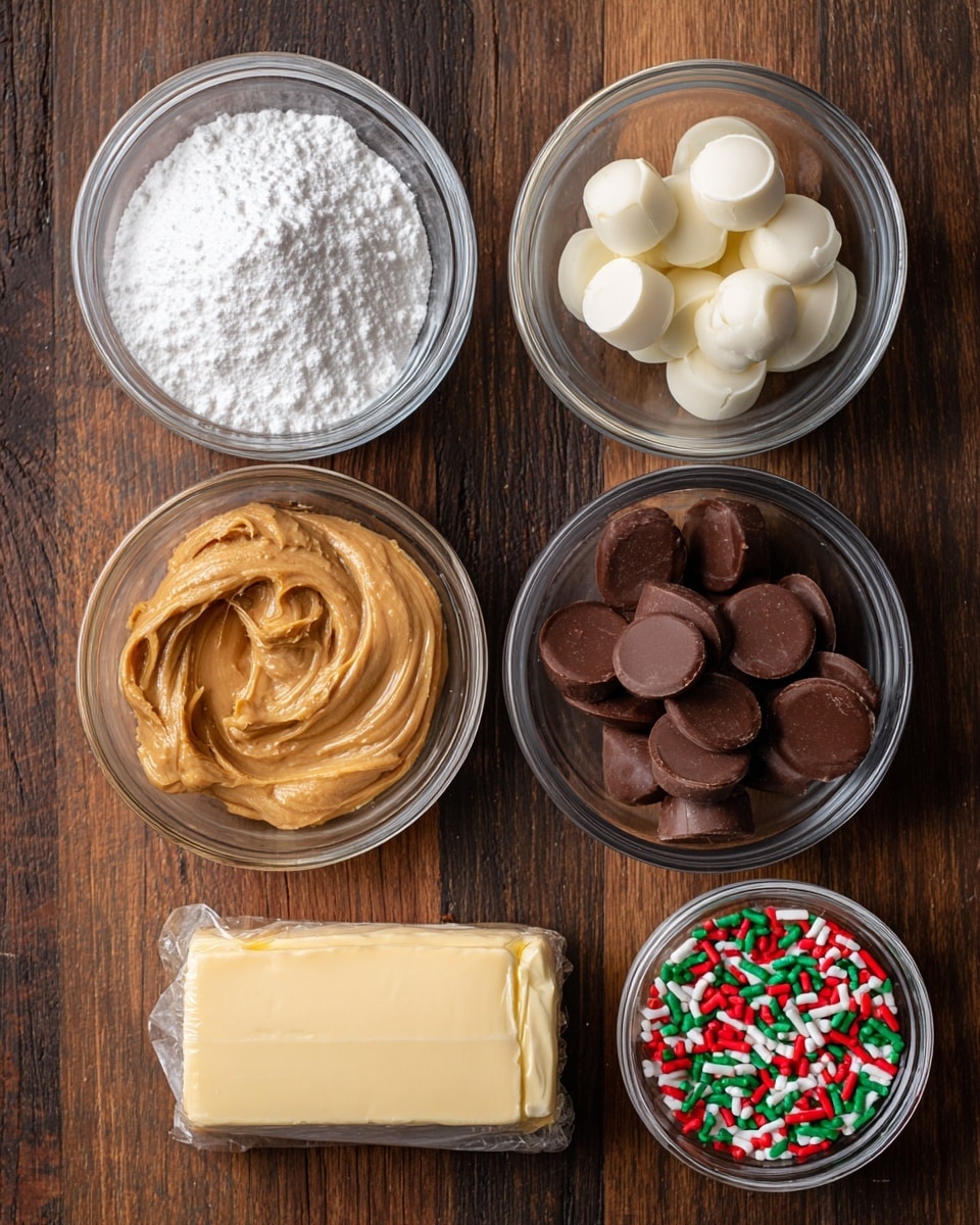 The image shows six small clear glass bowls and one wrapped butter block arranged neatly on a dark wooden surface. The top left bowl is filled with white powdered sugar, smooth and fluffy. Below it to the left, there is a bowl with creamy, light brown peanut butter having a glossy and thick texture. To the right, two bowls sit side by side; one with round dark chocolate discs, and the other with white chocolate discs, both smooth and shiny. In the bottom right corner, a smaller bowl holds white shortening, soft and creamy. Finally, in the bottom left, a bowl contains red and green Christmas sprinkles, small and cylindrical. The wrapped butter block below the peanut butter is pale yellow and labeled Grade AA. photo taken with an iphone --ar 4:5 --v 7
