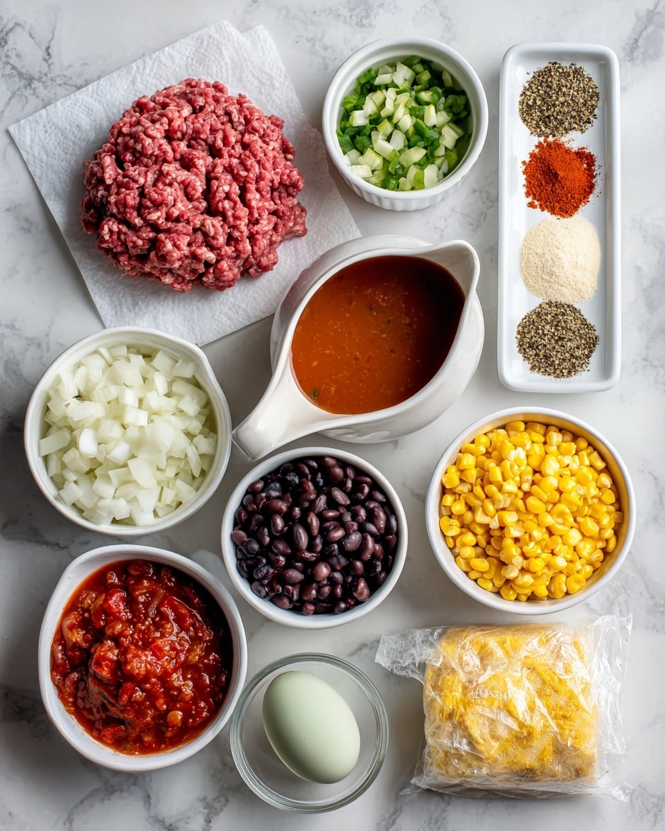 The image shows various ingredients for a recipe laid out on a white marbled surface. On the top left, there is raw ground beef with a pinkish-red texture placed on a white paper. Next to it on the right is a small white dish with different colorful seasonings arranged in horizontal layers: black pepper, red chili powder, ground cumin, dried oregano, and pink salt from top to bottom. Below that is a gravy boat filled with reddish enchilada sauce. In the center, from left to right, there are white bowls with chopped white onions, bright yellow corn kernels, and dark black beans. Below, there is a white bowl with chunky red salsa. To the left of the salsa, a small cup holds diced green jalapenos, and at the bottom center, a white bowl contains milk, next to a single greenish egg. To the right of the egg, a tiny dish holds minced garlic, and to the far right, there is a translucent sealed bag filled with yellow cornbread mix. All the containers are white, and the whole setting is on a white marbled surface. Photo taken with an iphone --ar 4:5 --v 7