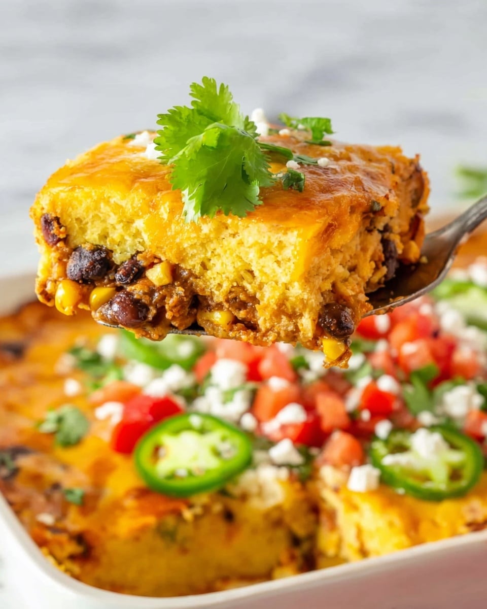 The image shows a close-up of a slice of layered casserole being lifted from a white dish on a white marbled surface. The casserole slice has three visible layers: a golden-yellow, soft and slightly crumbly top layer, a thick middle filling with a mix of dark brown beans, melted cheese that is orange and creamy, and bits of corn, and finally another golden base layer similar to the top. The slice is garnished with a small green cilantro leaf on top. In the background, the rest of the casserole sits with a rough cut edge, topped with fresh chopped green herbs, white cheese crumbles, diced red tomatoes, and green sliced jalapeños. The photo taken with an iphone --ar 4:5 --v 7