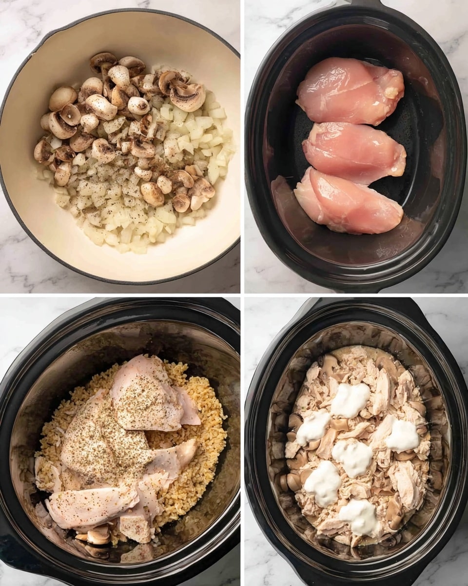 The image shows four stages of a cooked dish. The first section displays a white pan with small pieces of cooked mushrooms and diced white onions mixed together, filling the pan bottom. The second part shows three raw pink chicken pieces seasoned with black pepper arranged in a black slow cooker with some light oil around them. The third section features the black slow cooker filled with a layer of cooked chicken pieces at the bottom, topped with a layer of cooked rice and some small beans mixed in, with several dollops of white cream spread on top. The final part shows shredded chicken mixed with creamy sauce and small mushroom pieces spread evenly inside the black slow cooker. The whole setup is on a white marbled surface photo taken with an iphone --ar 4:5 --v 7