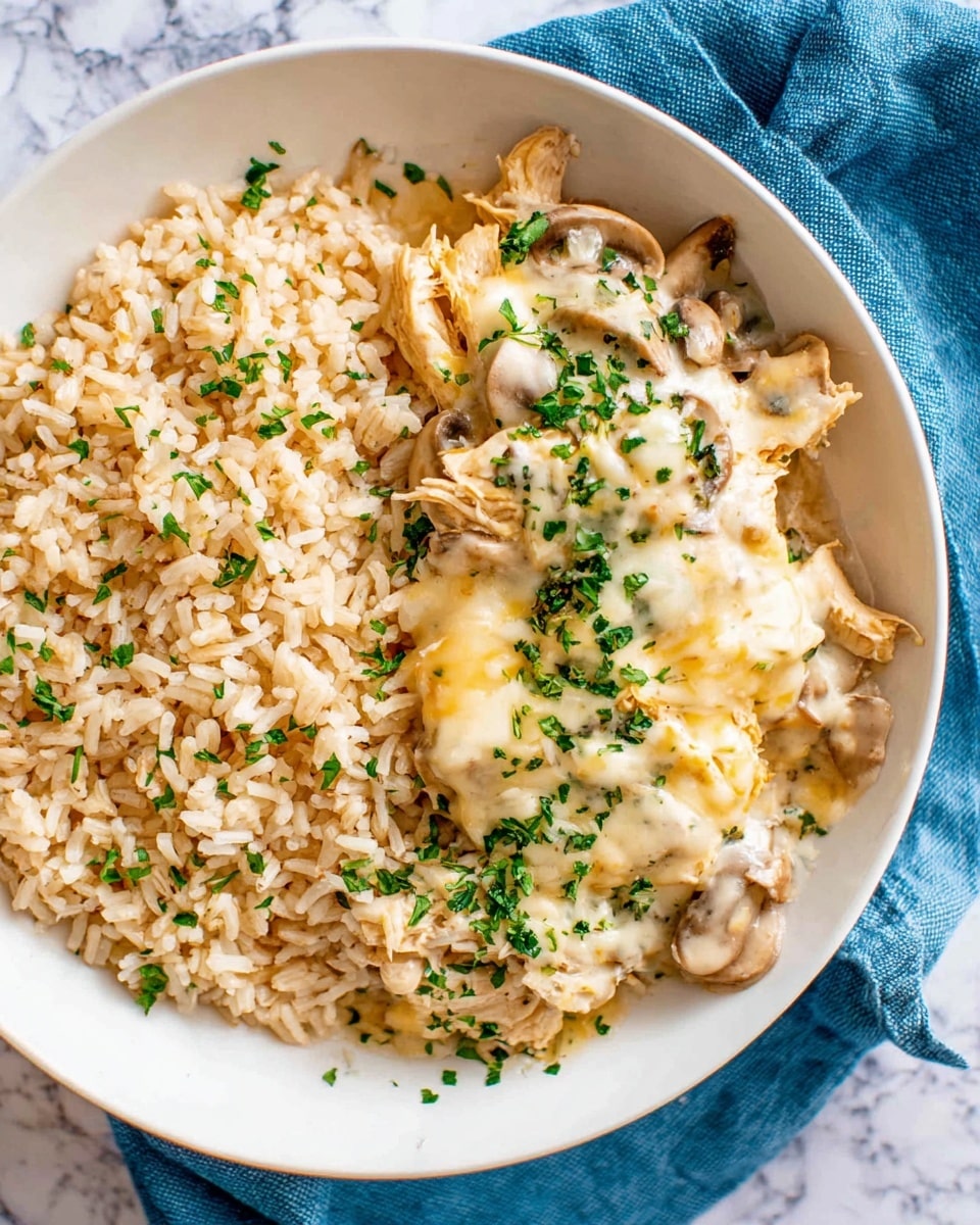 The image shows a white bowl filled with two main layers of food on a white marbled surface with a blue cloth partly underneath. On the left side, there is a layer of cooked brown rice with a light tan and slightly shiny texture, sprinkled with small chopped green herbs. On the right side, a creamy mixture of shredded chicken and sliced mushrooms is covered with melted cheese that has a pale yellow color, also topped with green herb pieces. The dish looks warm and soft with a mix of light tan, white, and green colors. Photo taken with an iphone --ar 4:5 --v 7