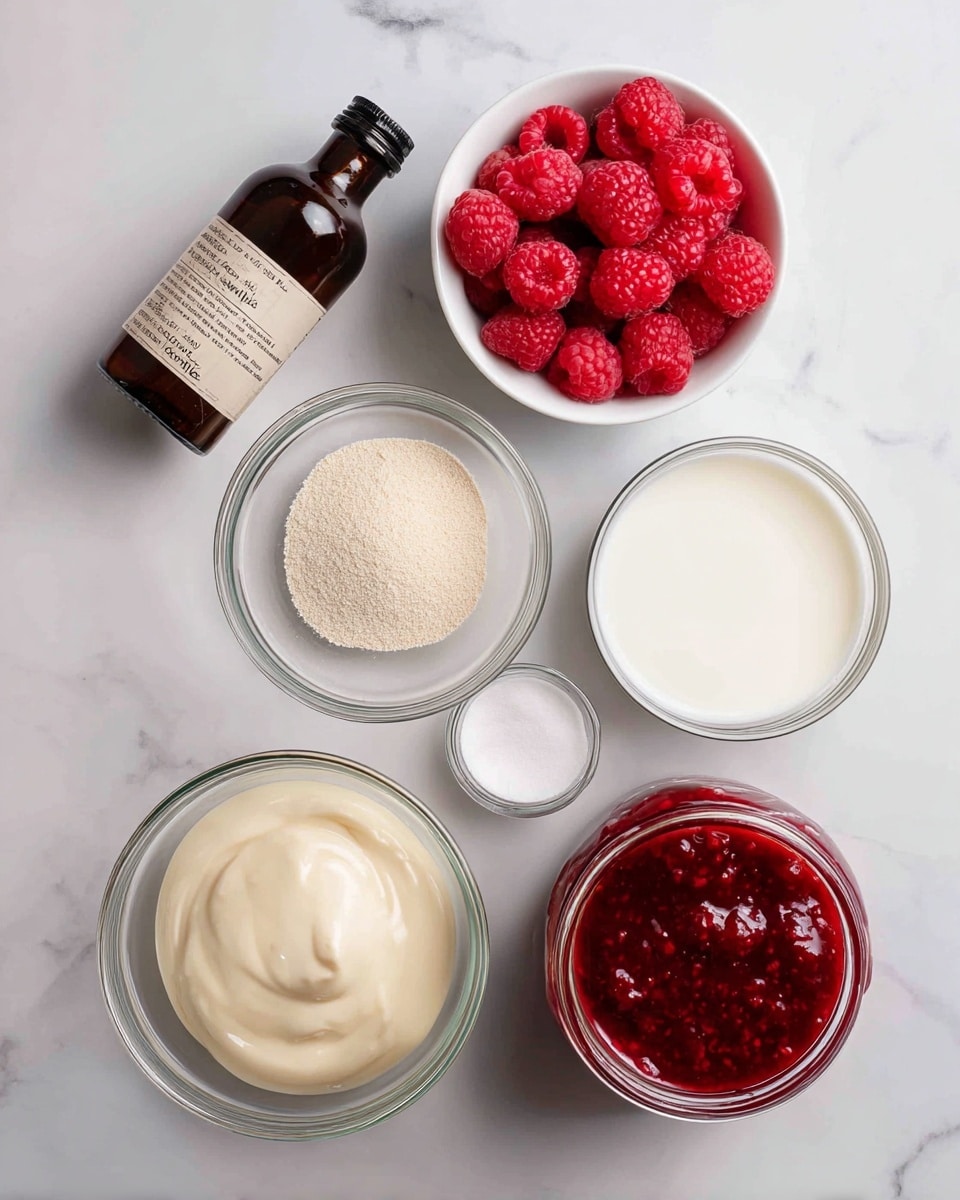The image shows six containers of ingredients arranged on a white marbled surface. In the top left, a small brown bottle labeled vanilla stands upright. Below it is a small glass bowl filled with bright red raspberries. To the right of the vanilla bottle is a small white bowl containing a pale beige powder labeled gelatin. To its right is a larger clear glass bowl filled with white milk. Below the gelatin is a small clear bowl with white sugar. Next to the sugar bowl, a larger clear glass bowl holds pale cream. Finally, at the top right, a clear glass jar is filled with thick red raspberry compote. All items are neatly spaced with clear labels above each container. Photo taken with an iphone --ar 4:5 --v 7