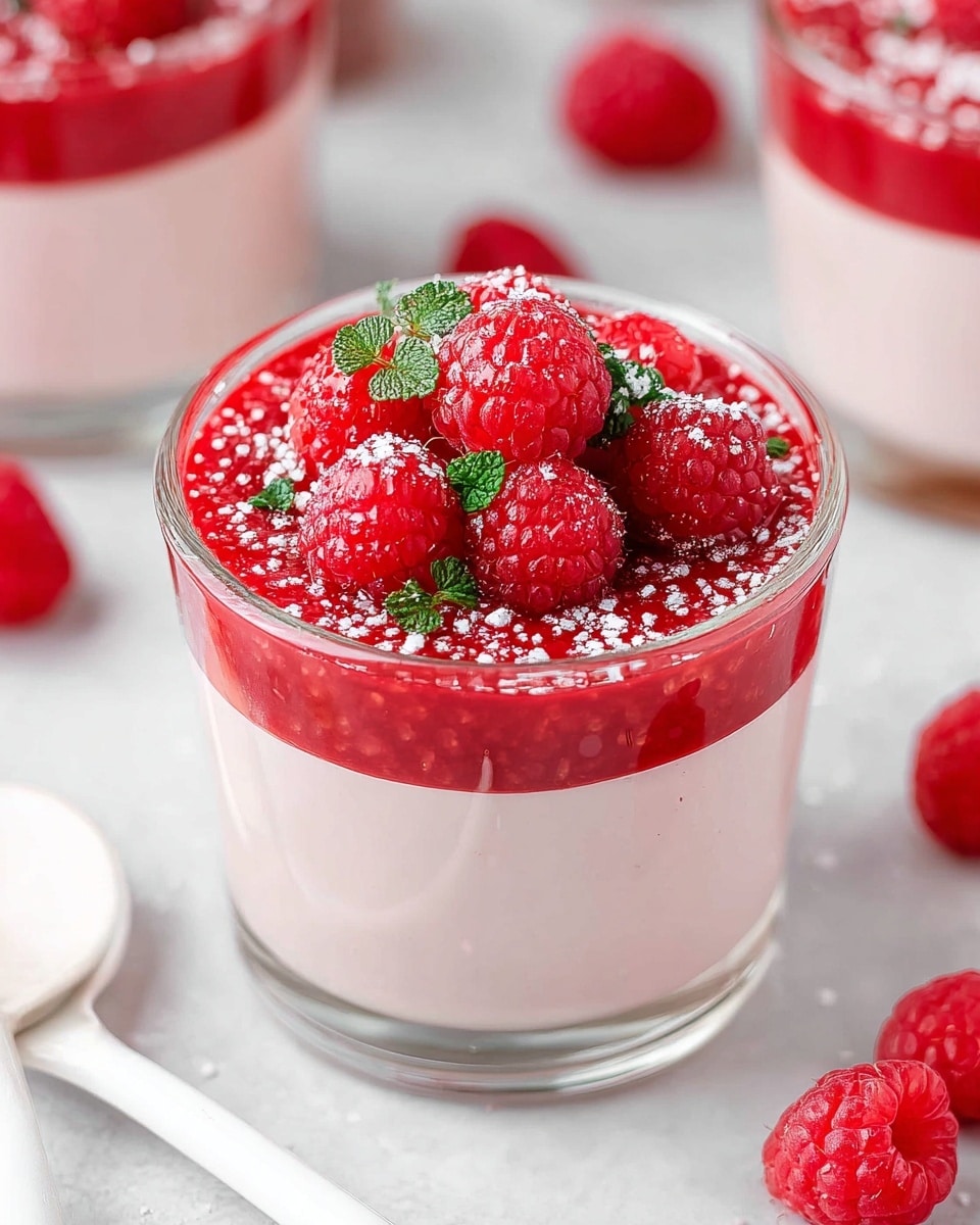 The image shows a clear glass filled with two main layers: a smooth, light pink creamy base at the bottom taking up about two-thirds of the glass, topped with a bright red raspberry sauce that has a glossy texture and some small green mint leaf pieces scattered on top. On the berry layer, there are two whole raspberries and visible crushed raspberry parts. To the side, an old silver spoon with traces of the pink cream and red sauce rests on a white marbled surface next to the glass. The photo is bright with soft, natural light. photo taken with an iphone --ar 4:5 --v 7